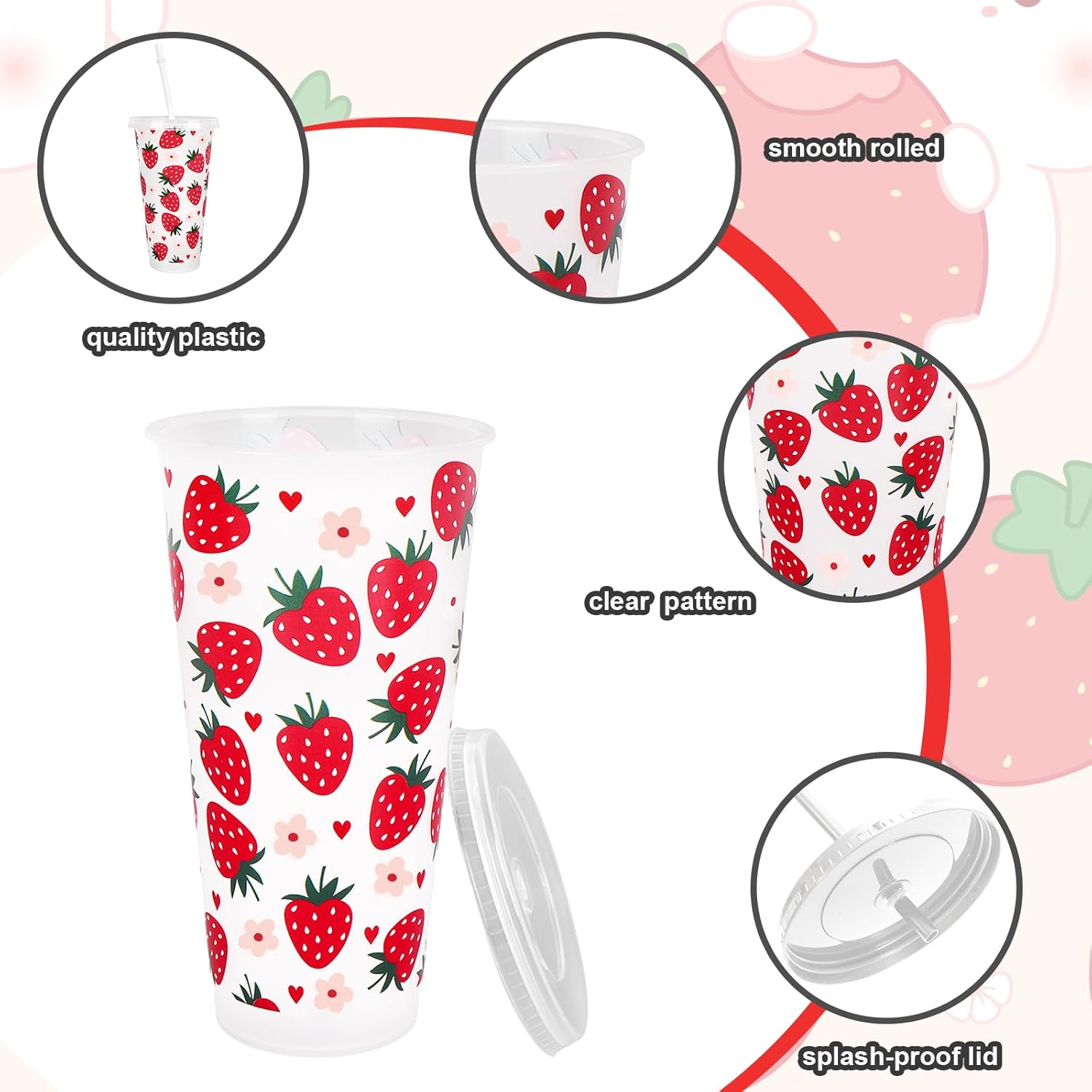 JarThenaAMCS 12Pcs Strawberry Plastic Cups with Straw Lid Strawberry Flower Heart Tumbler Red Pink Cold Cups for Beverage Drinks Home Office Party Decoration