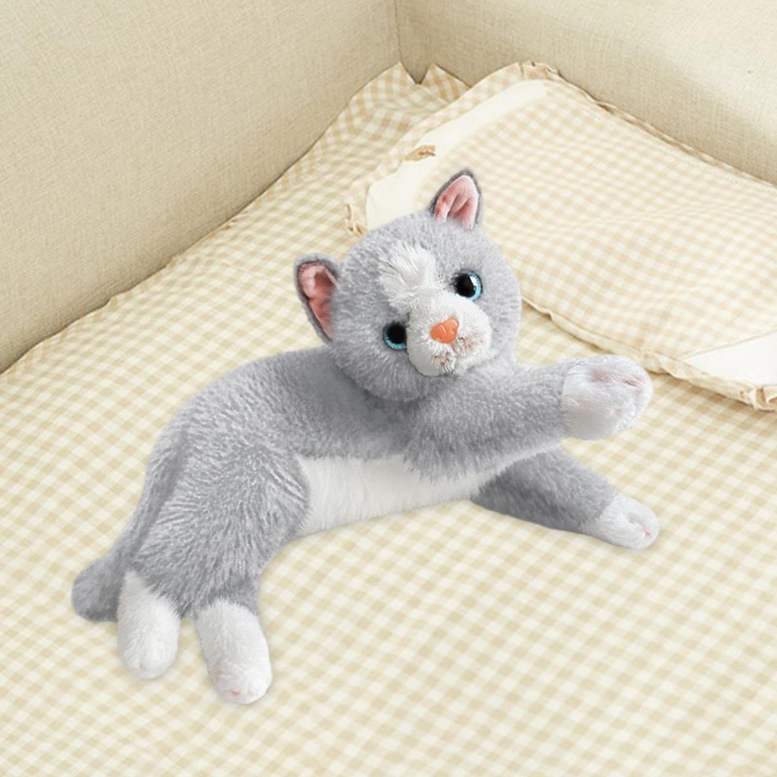 Cuscino Realistico a Forma di Gatto in Peluche, Bambola di Peluche a Forma di Gatto, Animale Sdraiato, Morbido Tessuto di Peluche, Compagno Comodo E R, Grigio