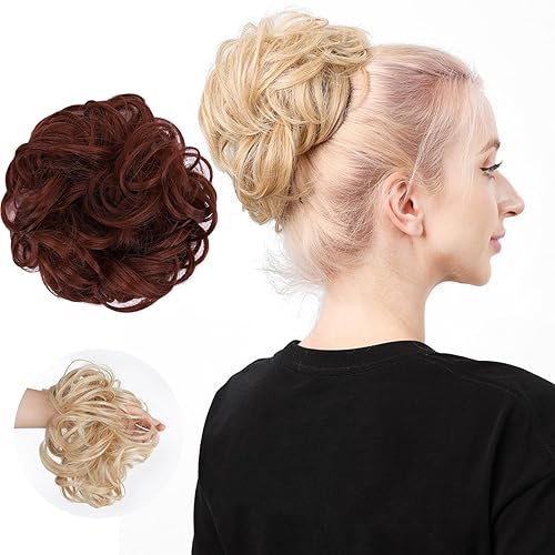 Moño de pelo rizado despeinado, moño desordenado de fibra sintética resistente al calor, extensiones de cabello ondulado con banda de goma