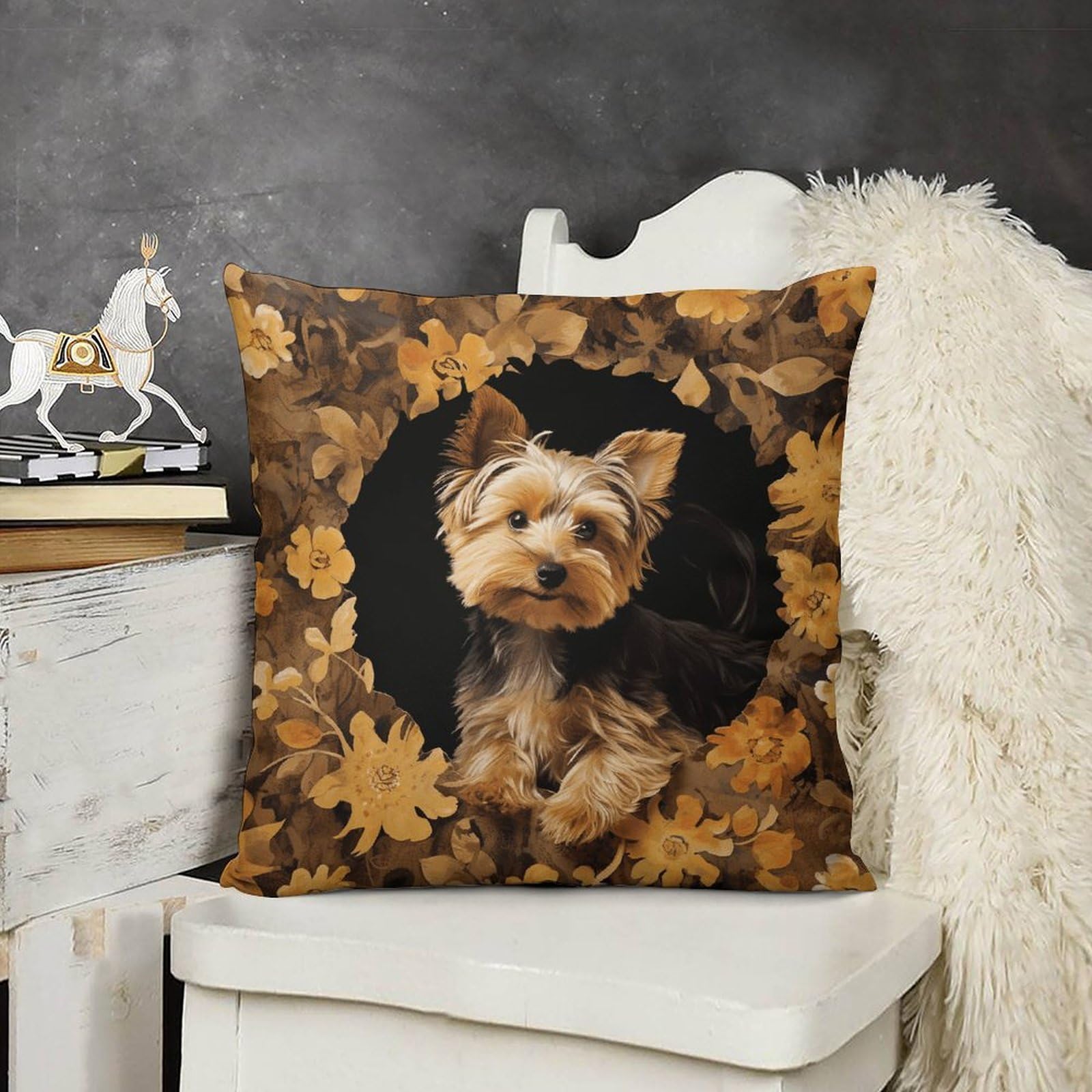 Decorative Throw Pillow Covers 20 "x20 " Pillow Protectors with Hidden Zipper Boho Farmhouse Lumbar Yorkshire Terrier in The Cave Pillowcase Cozy Soft Plush Cushion Case for Couch Sofa Living Room Hom