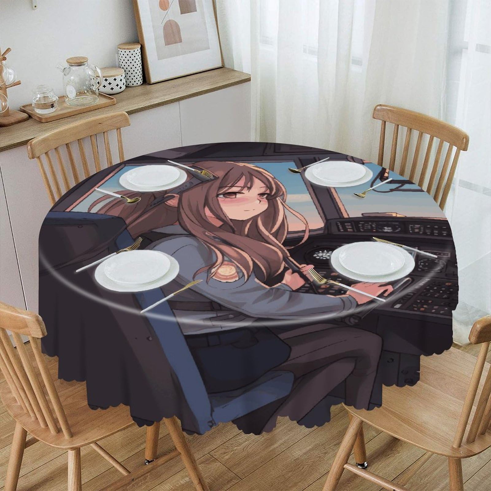 VstaDank Airplane Cockpit Round Tablecloth 60 Inch Easy to Clean Circle Table Cover Thick Decorative Round Polyester Table Cloth for Dining Kitchen Party Farmhouse Outdoor