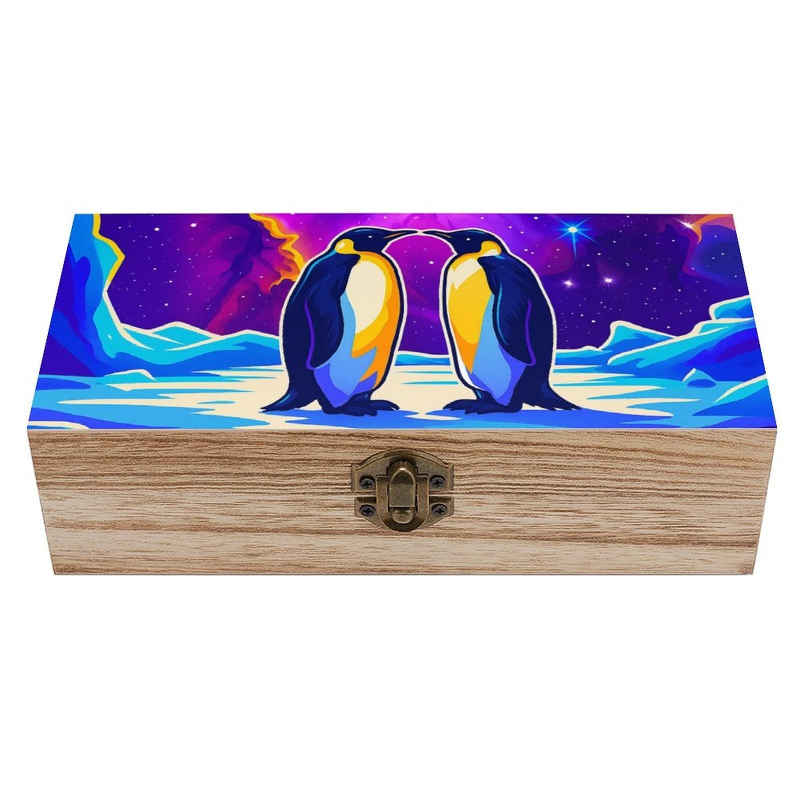 Oudrspo Penguins on The Glacier at Starry Retro Wooden Storage Box Keepsake Jewelry Decorative Art Storages Box Gift Boxs