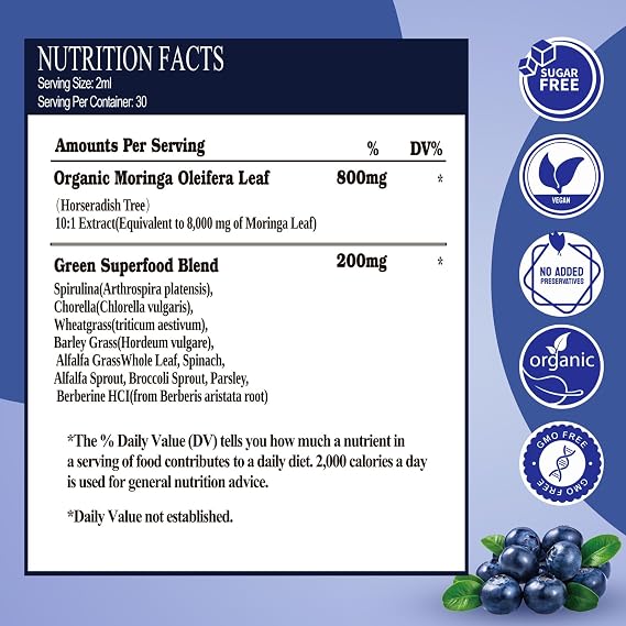 2 Pack Raw Moringa Liquid Drops 8000 mg, Organic Moringa Oleifera Leaf Extract w. Supergreens Wheatgrass, Barley Grass for Antioxidant, Energy & Immune, High Potency Than Capsules Powder