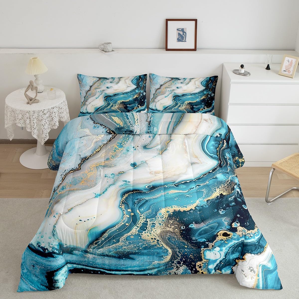 Feelyou Blue Marble Comforter Full Size, Modern Marble