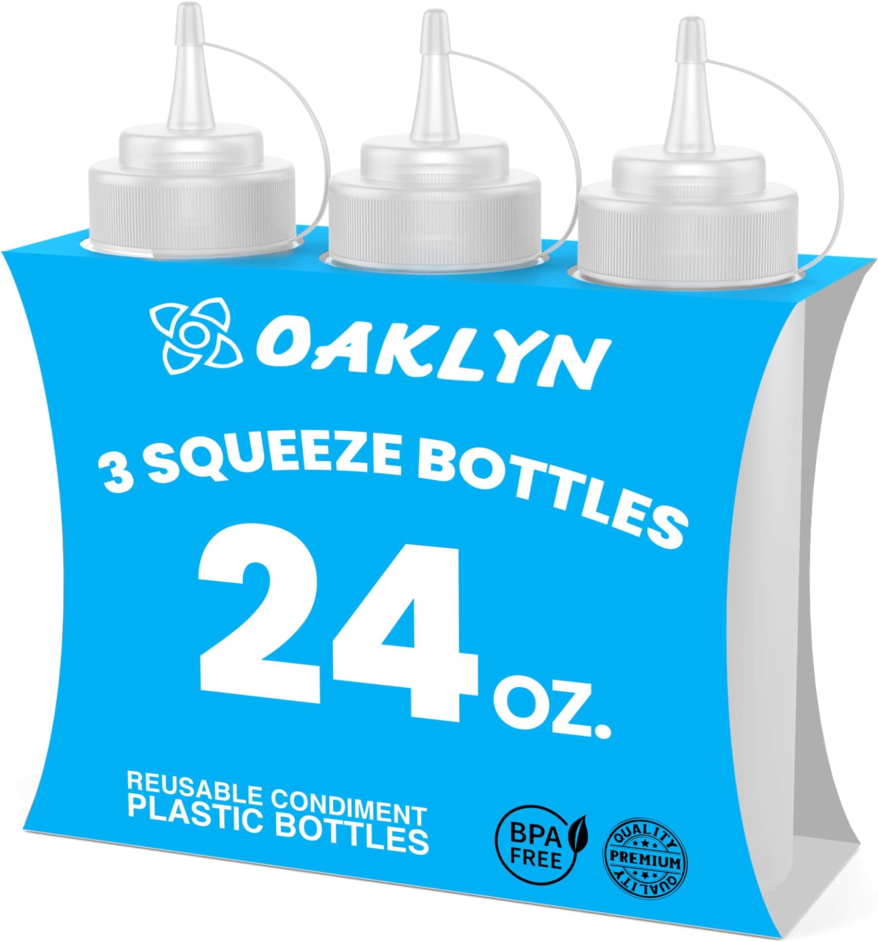 Oaklyn Squeeze Bottles 24oz 3 Pack (Large Size) - Reusable Condiment Bottles for Sauces Liquids BPA-Free Leak Proof Design, Easy to Clean Plastic Squeeze Bottles with Nozzle