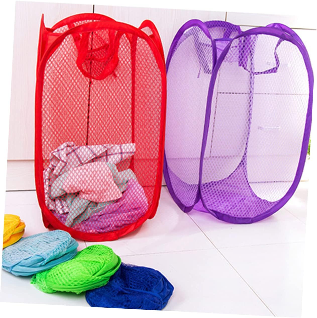MAGICLULU Foldable Pop Up Laundry Hamper Mesh Basket with Side Pocket and Handles Breathable Clothes Storage for College Small Apartments Camping Sky Blue