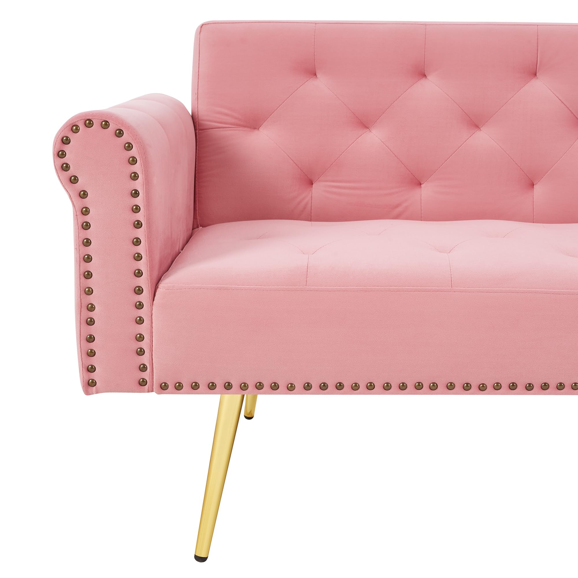 Azkoeesy Divano letto moderno a 2 posti in velluto 173 cm con gambe in metallo dorato e rivetti, 2 cuscini, schienale regolabile a 3 posizioni, per soggiorno e ufficio (rosa)