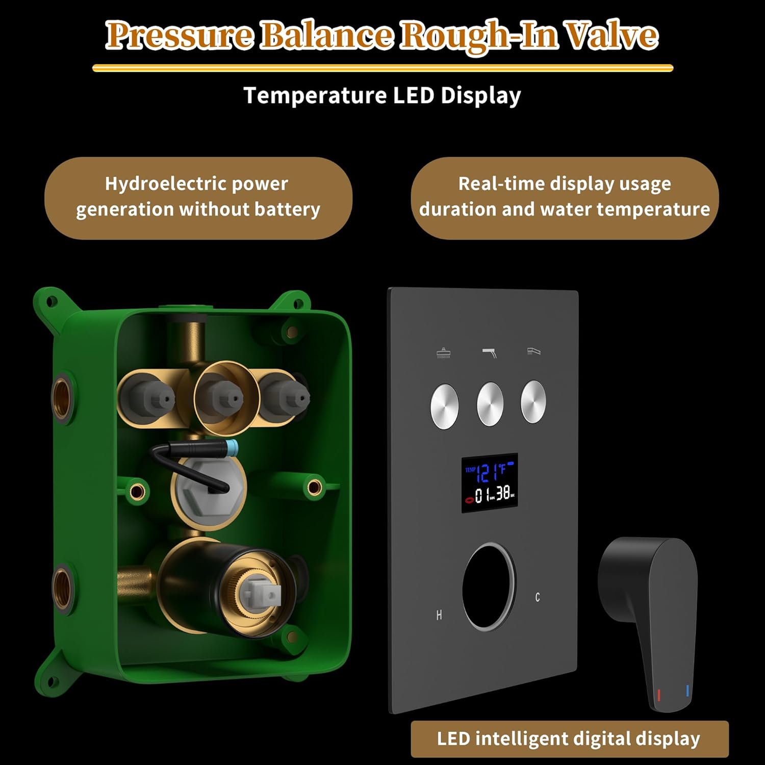 AYIVG Matte Black 12 Inch Rainfall Shower System with 6 Shut Off Body Jets Push Button Diverter Shower Faucet And Handheld Temperature Display Shower Faucet Set Shower Jets System in Wall