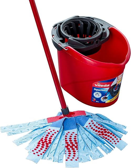 Vileda SuperMocio 3Action Mop and Bucket Set, Mop for Cleaning Floors, Set of 1x Mop and 1x Bucket, Red/Grey/Blue, 6 x 15 x 117 cm