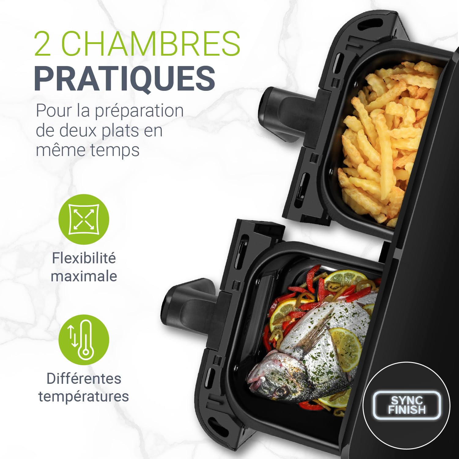 Juskys Friteuse à air chaud 9 l Deux tiroirs - Friteuse XXL à 2 paniers, 9 programmes, Smart Finish, revêtement enduit