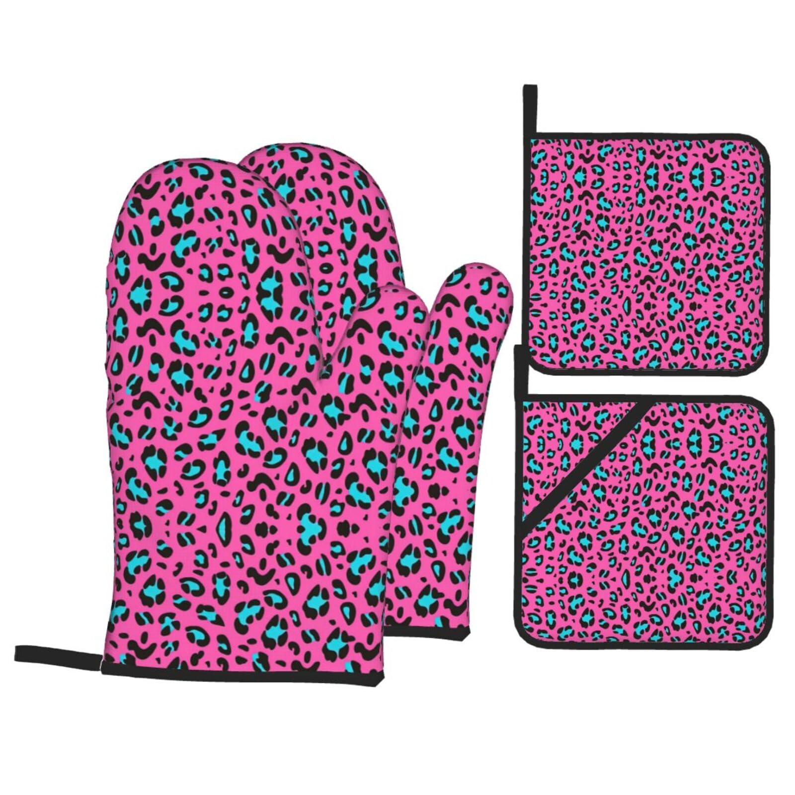 Cute Leopard Print Oven Microwaving Waterproof Kitchen Gloves for Baking Grilling Holiday Cooking