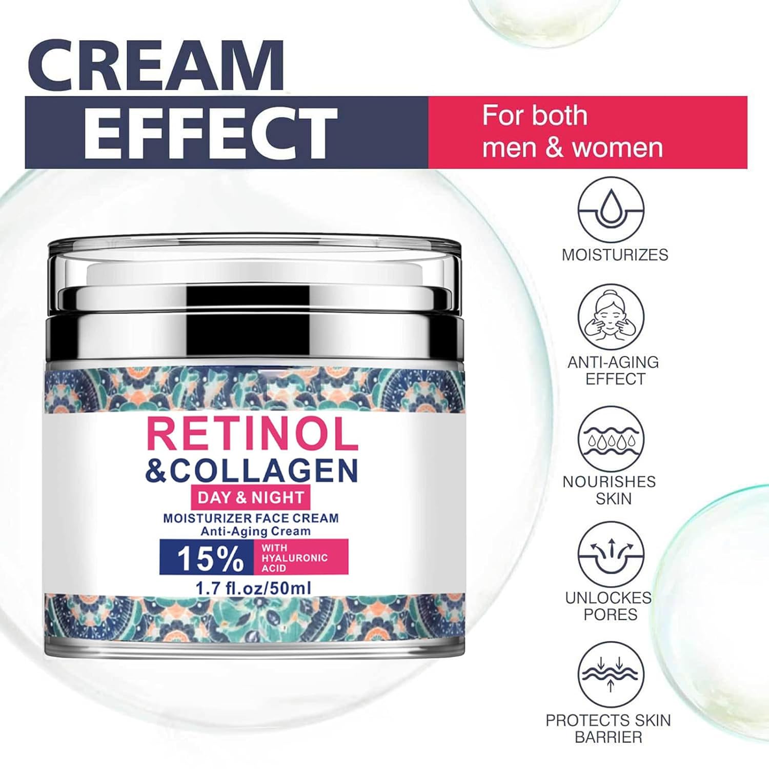Advanced Retinol Collagen Cream for Face with 15% Hyaluronic Acid, Collagen Face Moisturizer for Lifting Skin, 24-Hour Anti-Aging Cream for Wrinkles, Fine Lines and Dryness - All Skin Types 1.7 Fl Oz - Image 4