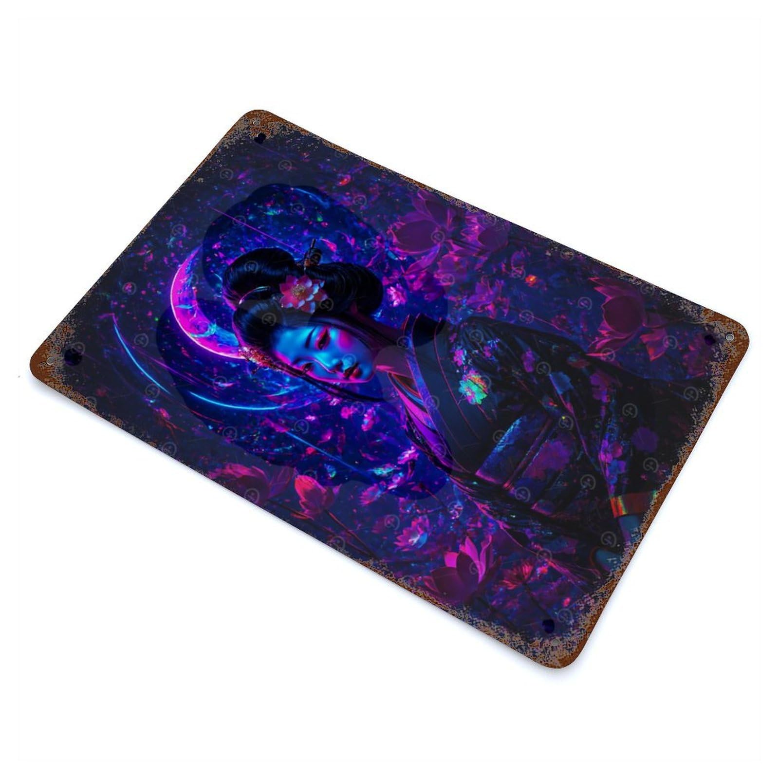 Neon Geisha with Floral Background Japan 11.8"x7.9" Rust Effect Tin Sign, Rustic Home Decor for Office, Studio And Wall Decor