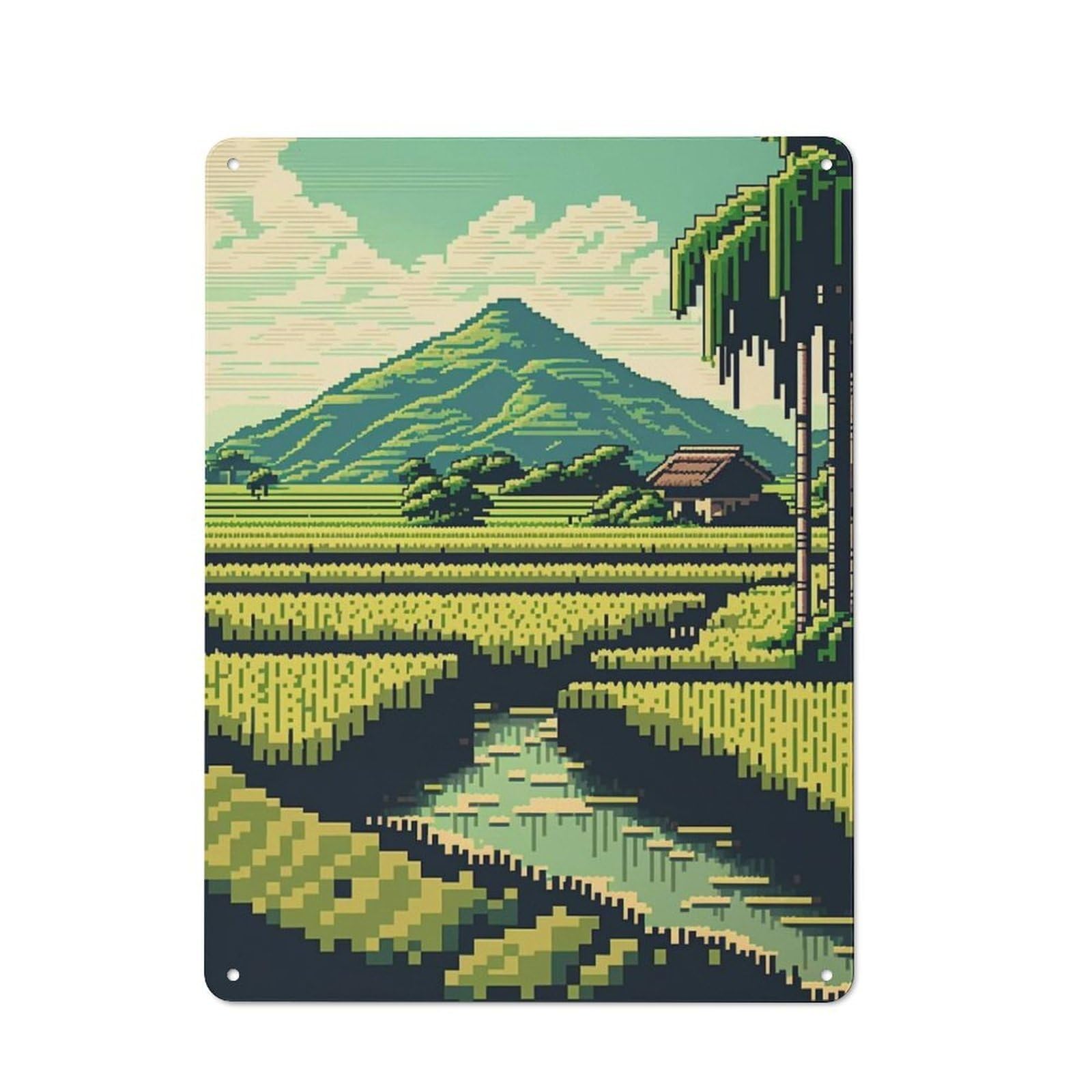 Junmoney Style-5 Tin Wall Plaque 40X30cm With Rice Fields Pixelated For Garage Wall, Suited To People Furnishing A Garage
