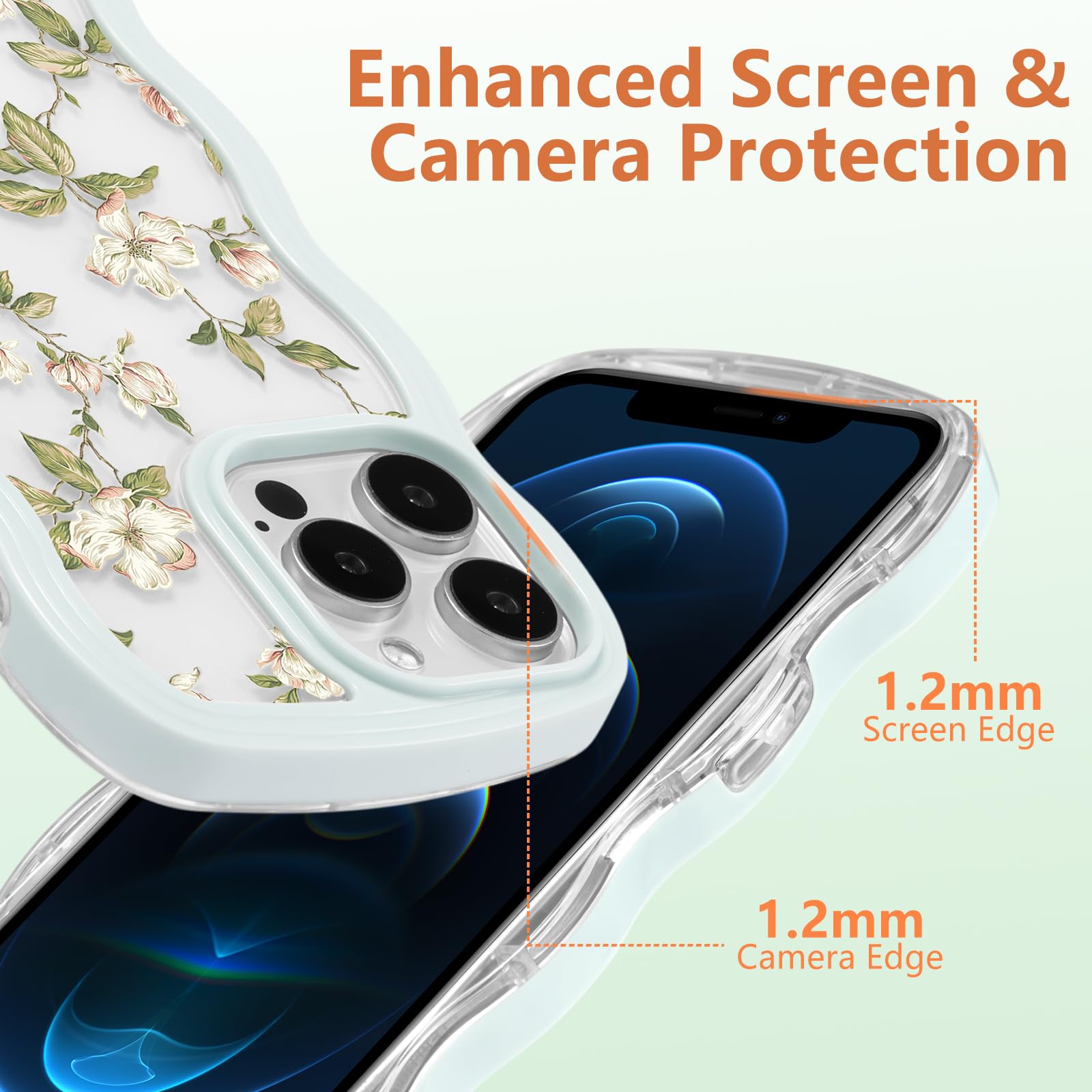 ZTOFERA Floral Case for iPhone 15 Pro Max 6.7 inch,Cute Curly Wave Frame Shape Case with Green Leaf Flower Pattern for Women Girls Clear Soft Slim Shockproof Phone Case for iPhone 15 Pro Max - Image 3