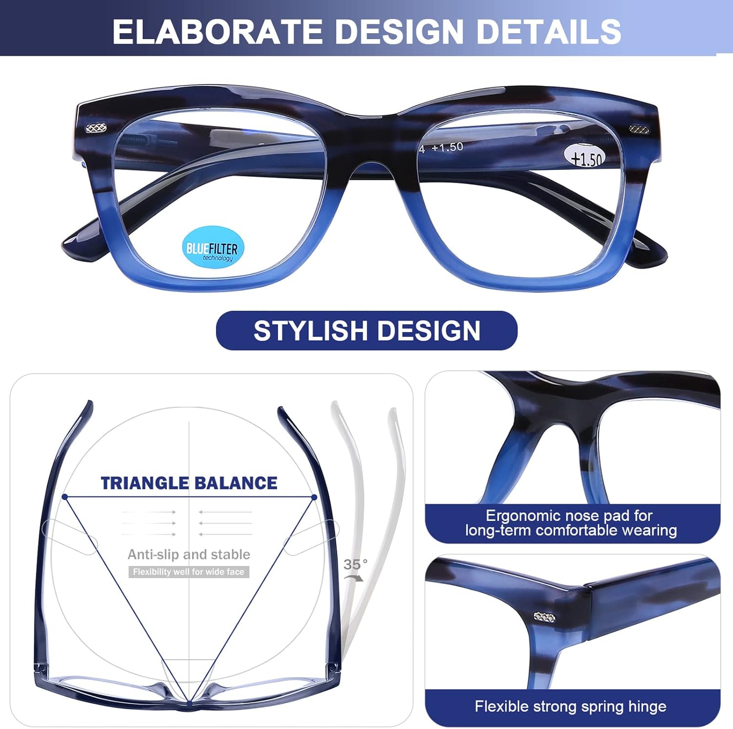 AQWANO Oversized Design Reading Glasses for Women/Men, Computer Blue Light Blocking Fashion Square Reader Anti Glare/Fatigue - Image 5