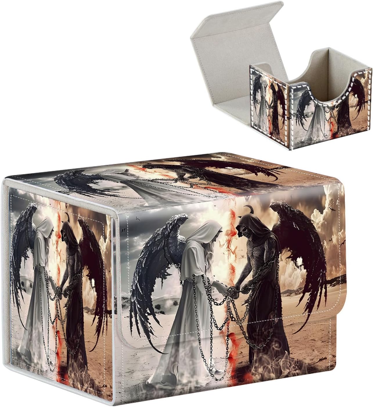 High-Capacity Art Deco Card Deck Box - Ideal Trading Card Game Storage Solution with Compact Size, and Easy Access - PU Leather Fits for TCG CCG Magic Cards(Dark Angel)