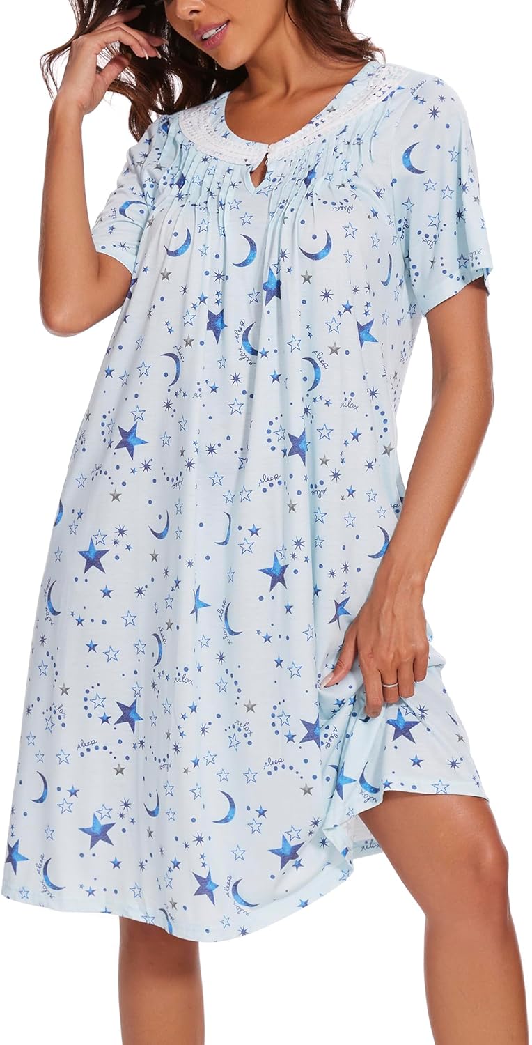 COSUNIONY Cotton Nightgowns for Women Soft Sleep Dress Ladies Short Sleeve Sleepwear with Pockets - Image 2