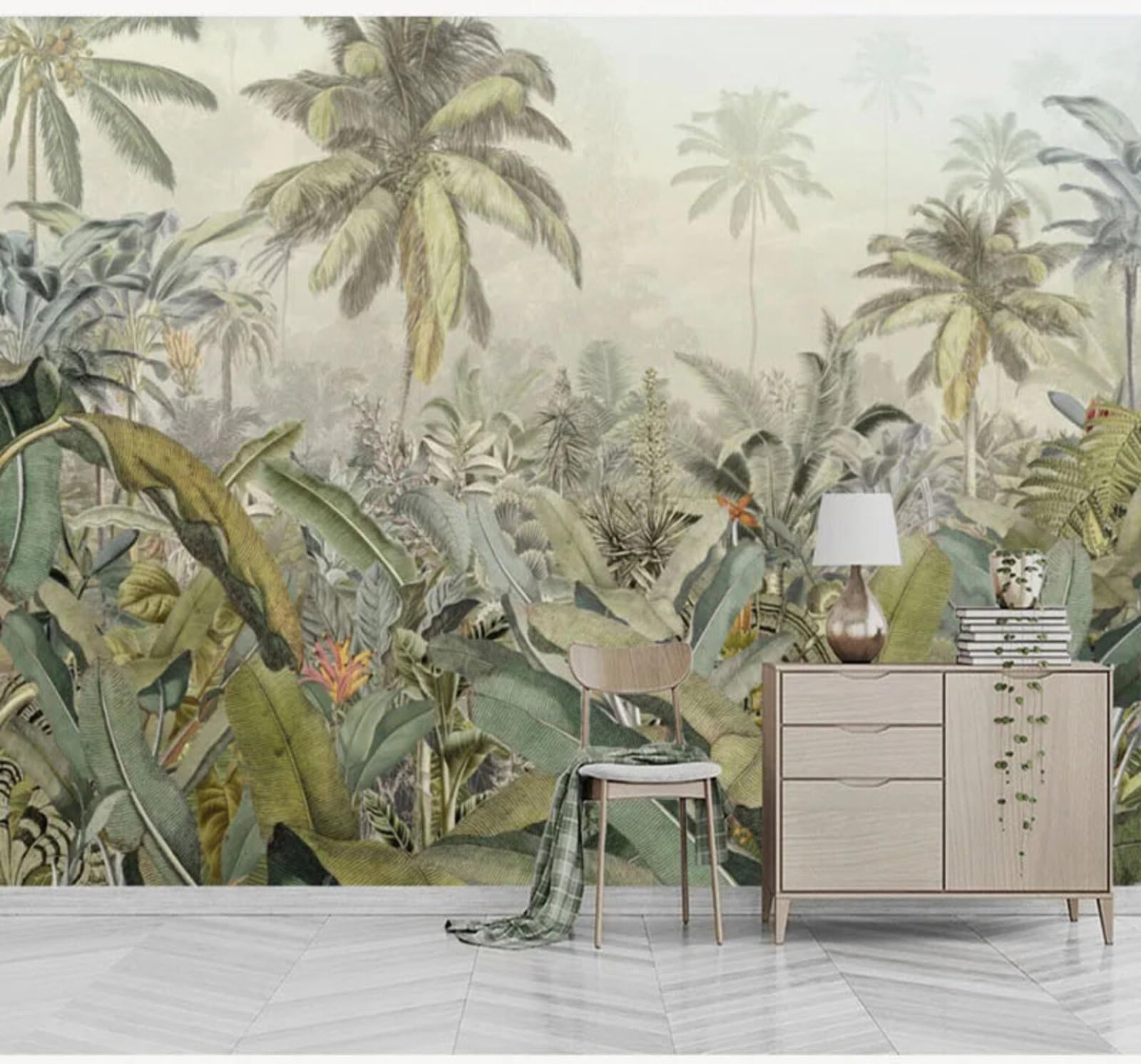 Retro Fresh Green Tropical Jungle 3D Wallpaper Easy Install Feature Office Living Room Sofa Bedroom TV Background Wall Decoration-350cm×256cm