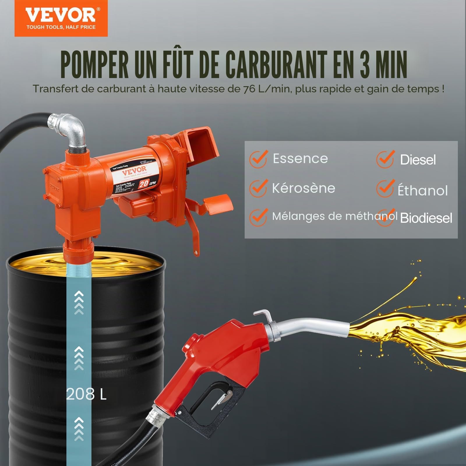 VEVOR Pompe Transfert Carburant 12 V CC 75,7 L/min 1/4 CV Pompe d'Extraction Essence avec Buse Automatique, Tuyau d'Aspiration, pour Mélange d'Essence, Diesel, Kérosène, Éthanol, Méthanol, Biodiesel