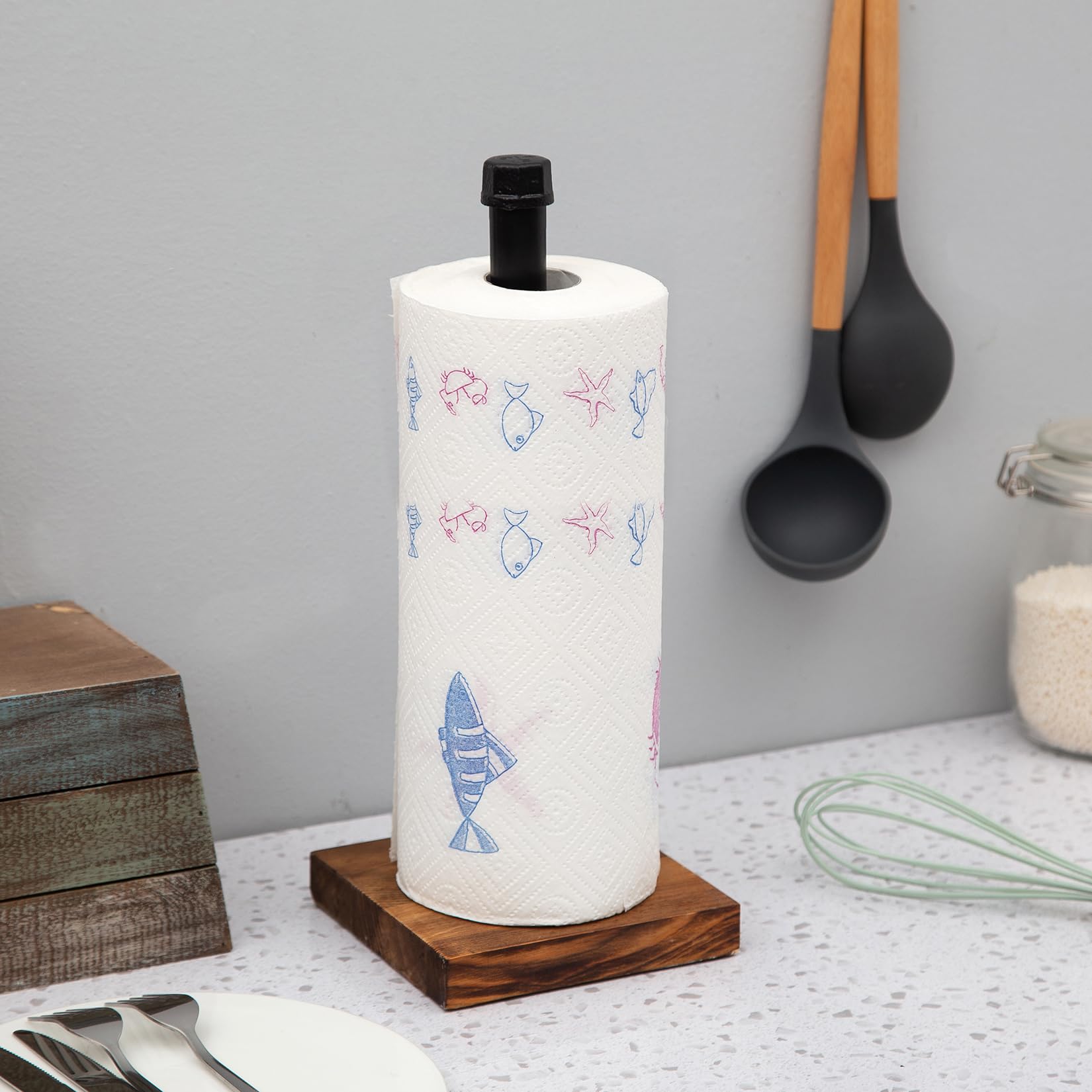 Toallero de papel con diseño de tubería de hierro industrial rústico con base de madera maciza, dispensador de rollos de toallas de papel para cocina, baño, sala de estar, oficina (marrón oscuro) 4