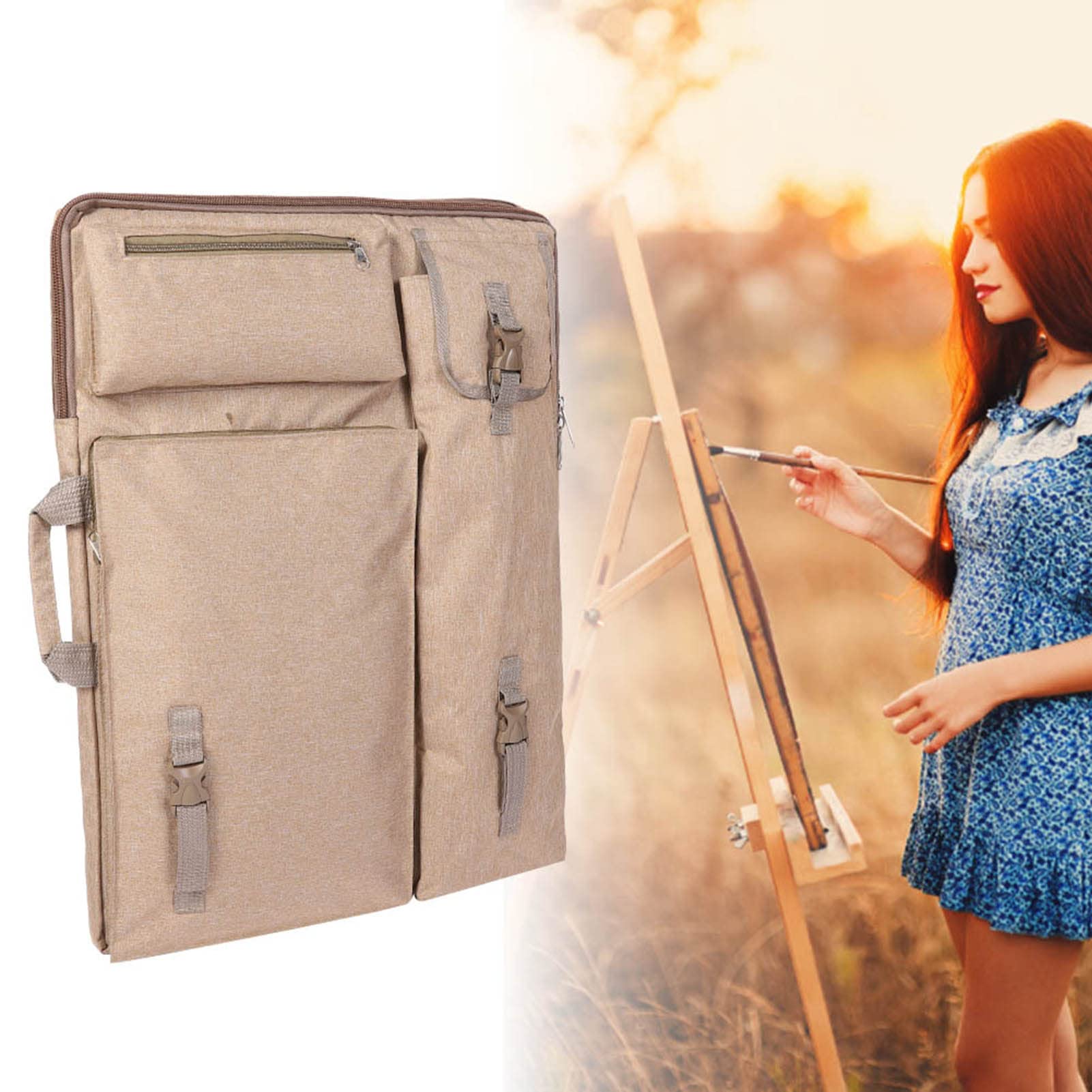 Tablero de dibujo impermeable multifunción grande 4K, bolso de transporte, bolso de arte con correa para el hombro y hebilla para viajes al aire libre, dibujo de la vida(caqui)