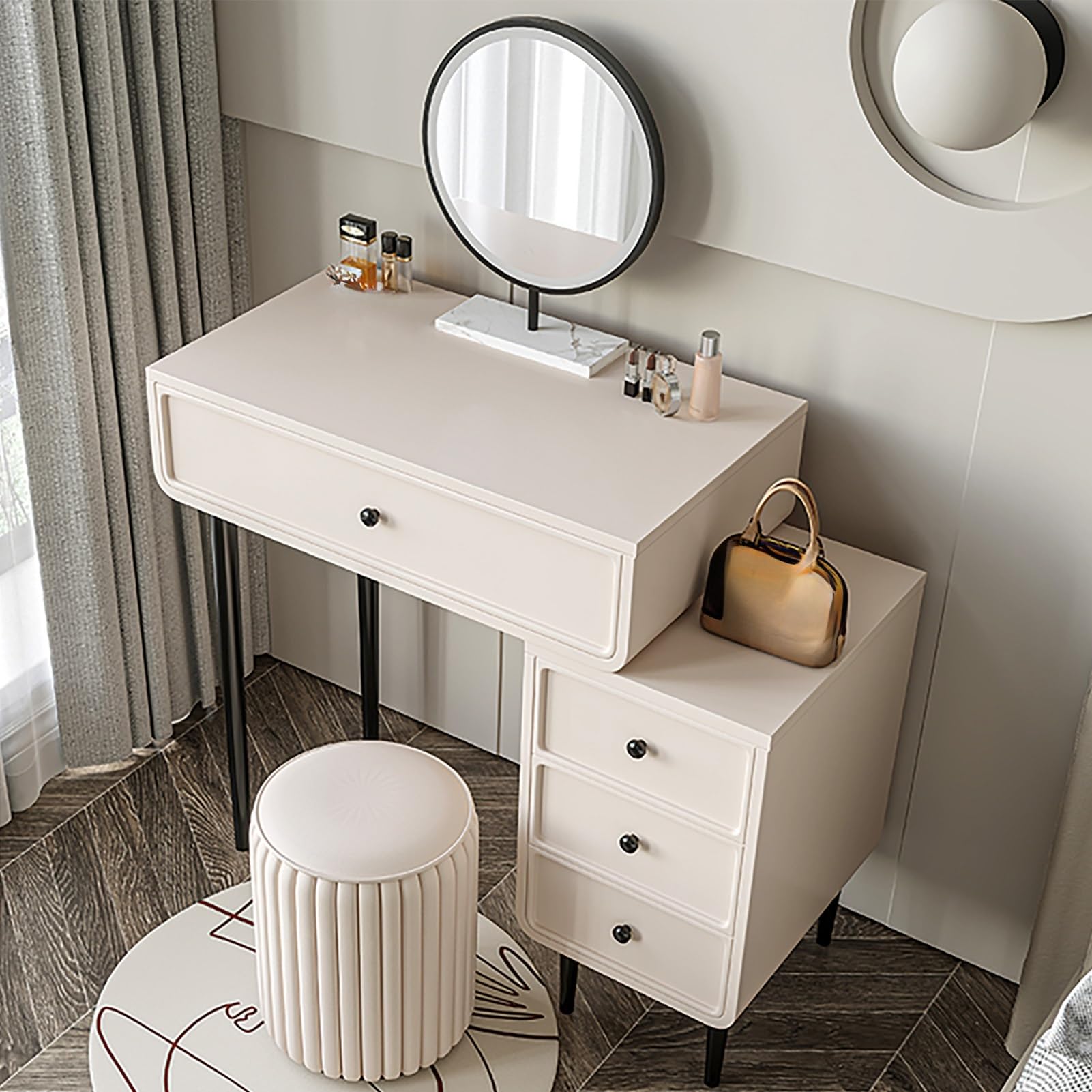 CGCSYZ Makeup Vanity, Vanity Desk with Side Cabinet, Vanity Table Set with Mirror and Lights, Wood Dressing Table with Stool, Modern Makeup Table, Metal Legs, for Bedroom(70cm/27.5in)
