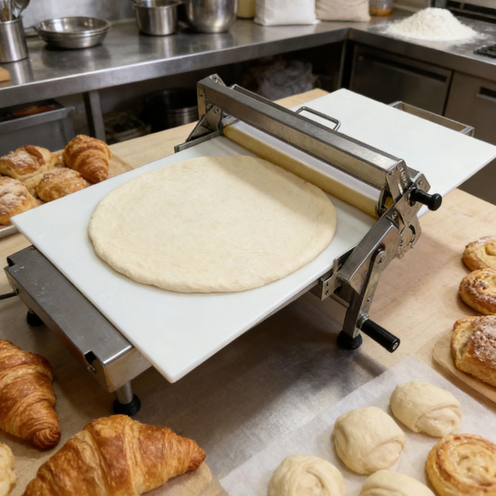 Sfogliatrice manuale per pasticceria e pizza, pressa pieghevole per pasta sfoglia con spessore regolabile in acciaio inox