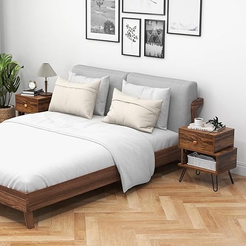 Miniatura 4 de Giantex Juego de 2 mesitas de noche en forma de S con cajón de almacenamiento, estante abierto, mesa auxiliar moderna de mediados de siglo con patas