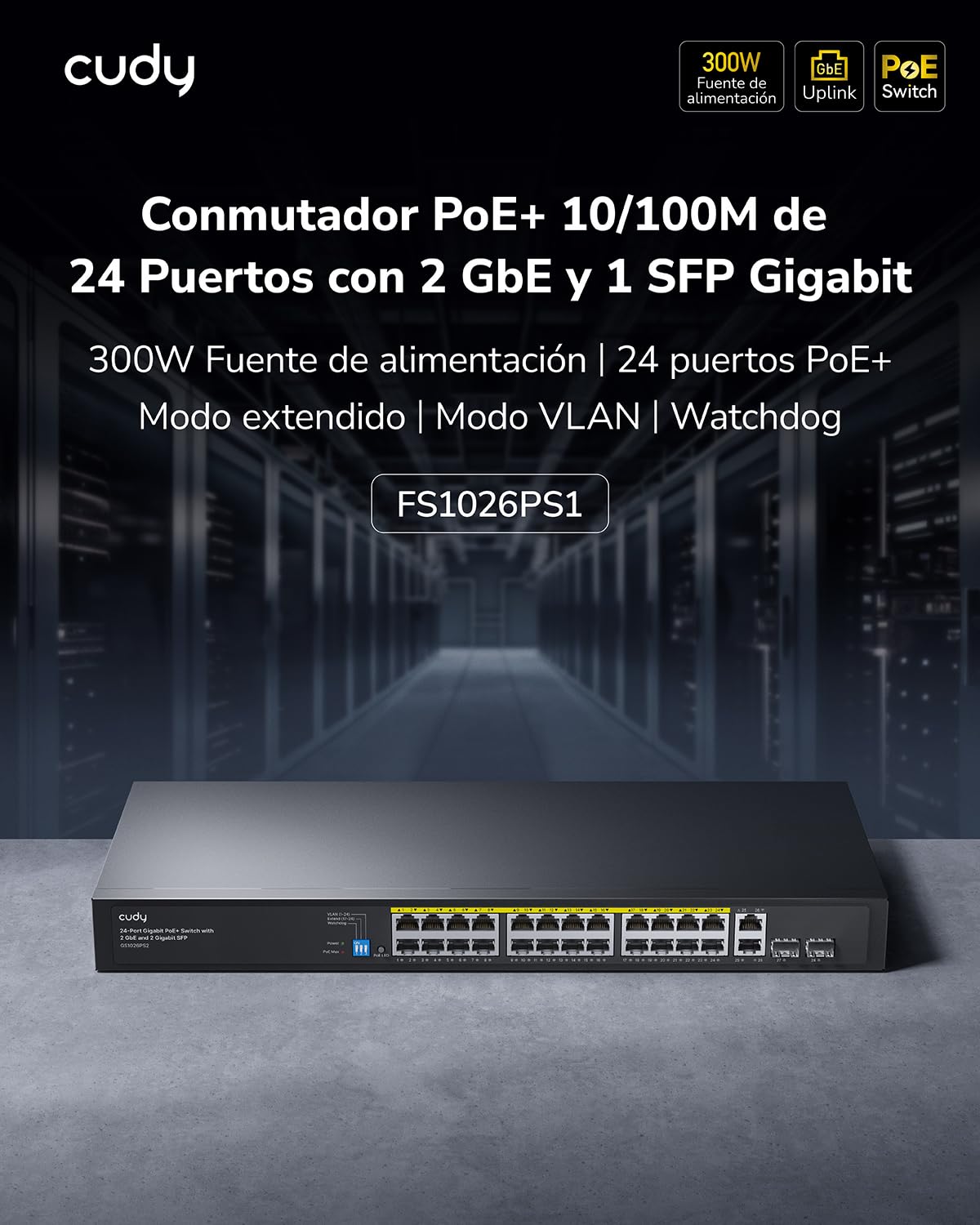 Cudy Switch de Red 24 Puertos 10/100M PoE+ 300W 2 GbE 1 SFP VLAN FS1026PS1 | Unmanaged Rackmount Metal Hub; Plug & Play IEEE 802.3at/af; 250m CCTV Extend; Watchdog Recovery; Alimenta IP Cams, VoIP, APs