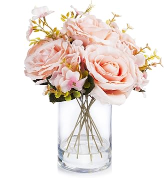 Enova Floral Mixed Artificial Silk Roses Faux Flowers Arrangement in Cylinder Glass Vase with Acrylic Water for Home Office Wedding Decoration Pink