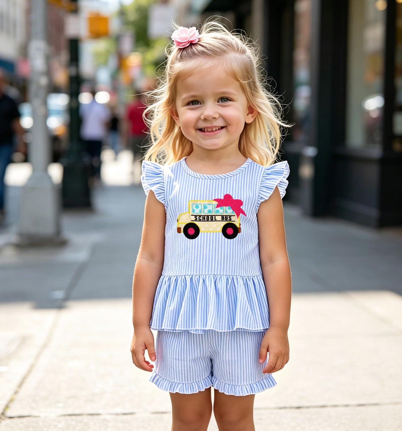 Ritatte Toddler Girl Back to School Outfit Kids Bus Embroidery Ruffled Sleeve T-Shirts Shorts Set First Day of School Clothes
