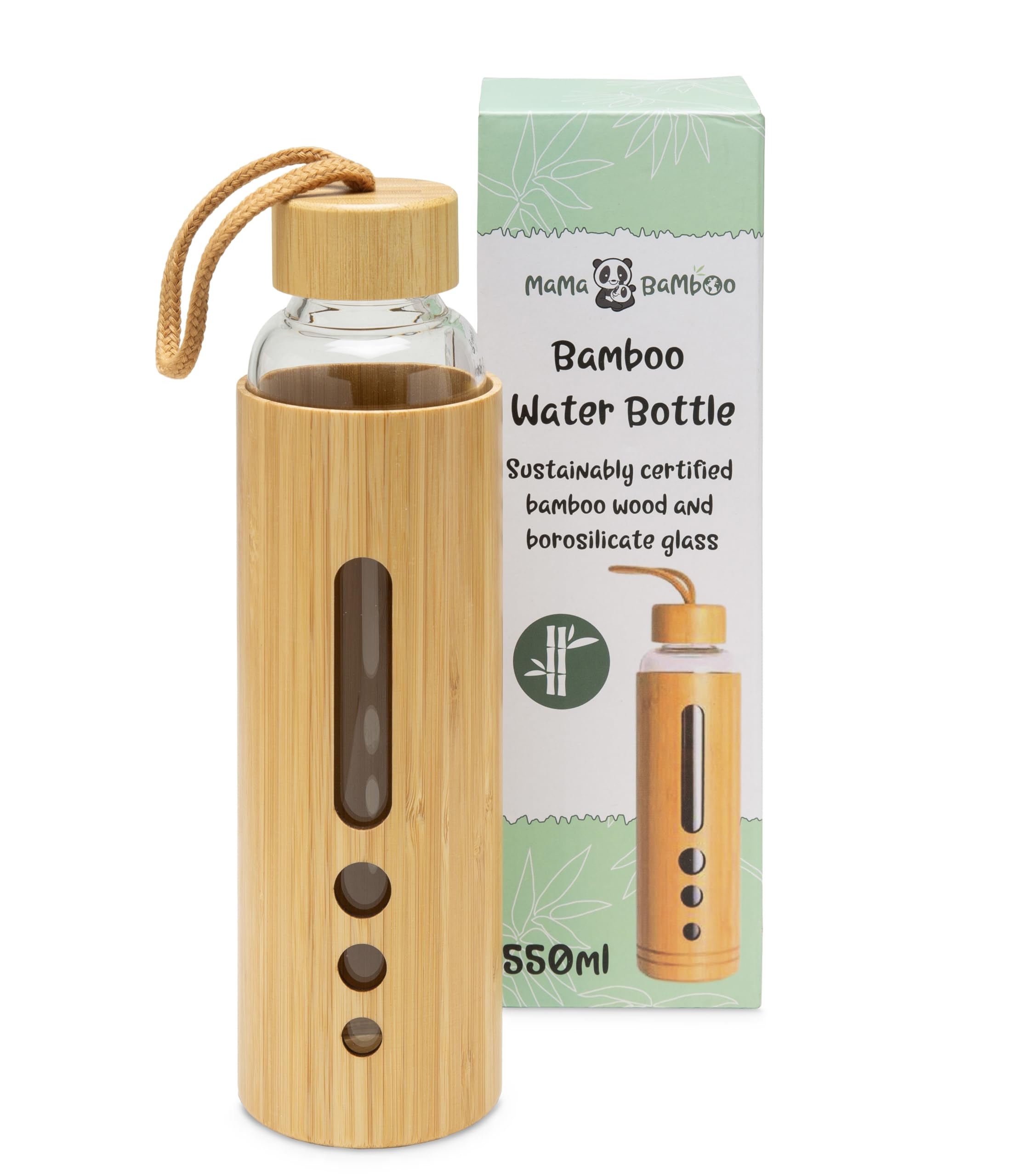 Mama Bamboo Bamboo Mama Glass Water Bottle, 550Ml, Borosilicate Glass With Sleeve, Leak-Proof Design