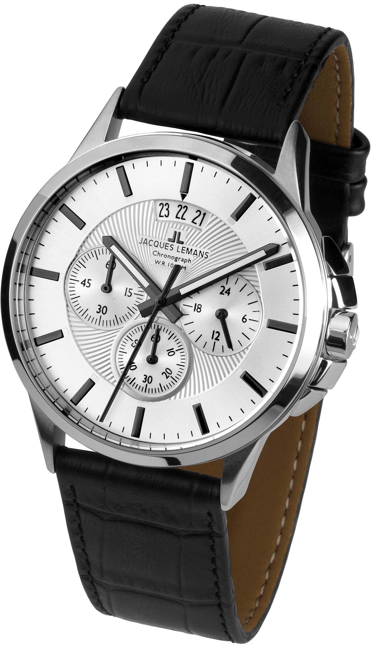 JACQUES LEMANS Herrenuhr Sydney Lederarmband massiv Edelstahl Chronograph 1-1542N