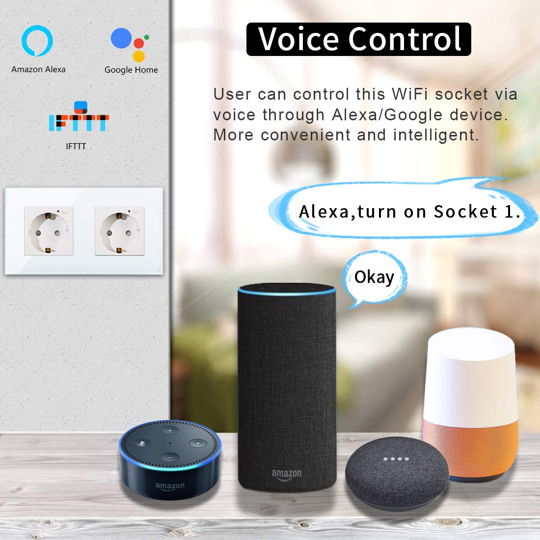 CNBINGO Prise Schuko Wi-Fi encastrée avec mesure de courant, 16 A, en verre, fonctionne avec Alexa (Echo, Echo Dot), Google Assistant, WiFi 2,4 GHz uniquement, 2 compartiments, blanc, 1 pièce