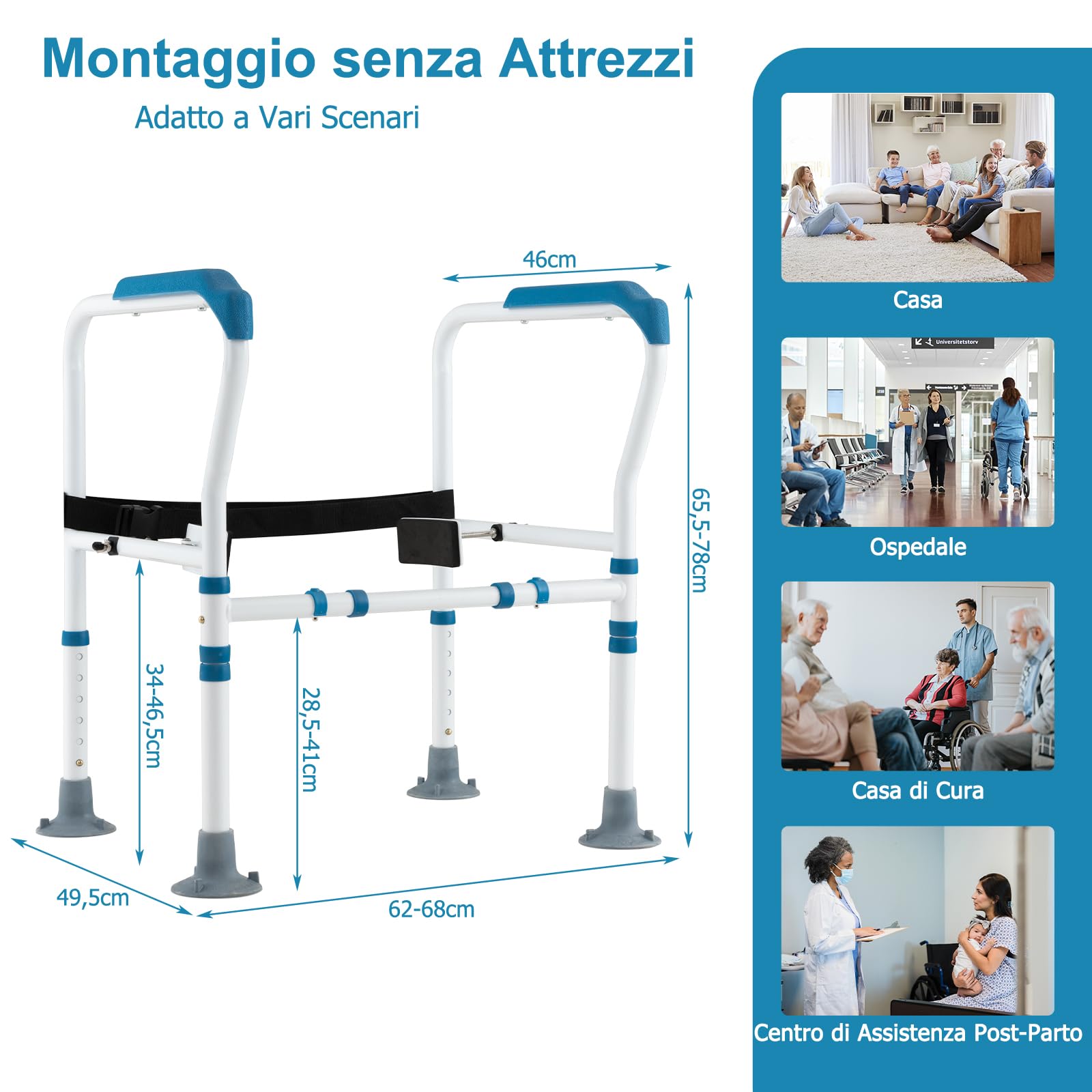 COSTWAY Supporto di Sicurezza Telaio Autonomo per WC, Supporto per WC Regolabile in Altezza e Larghezza con Cinghia di Fissaggio, Con Ventose Antiscivolo (Blu)