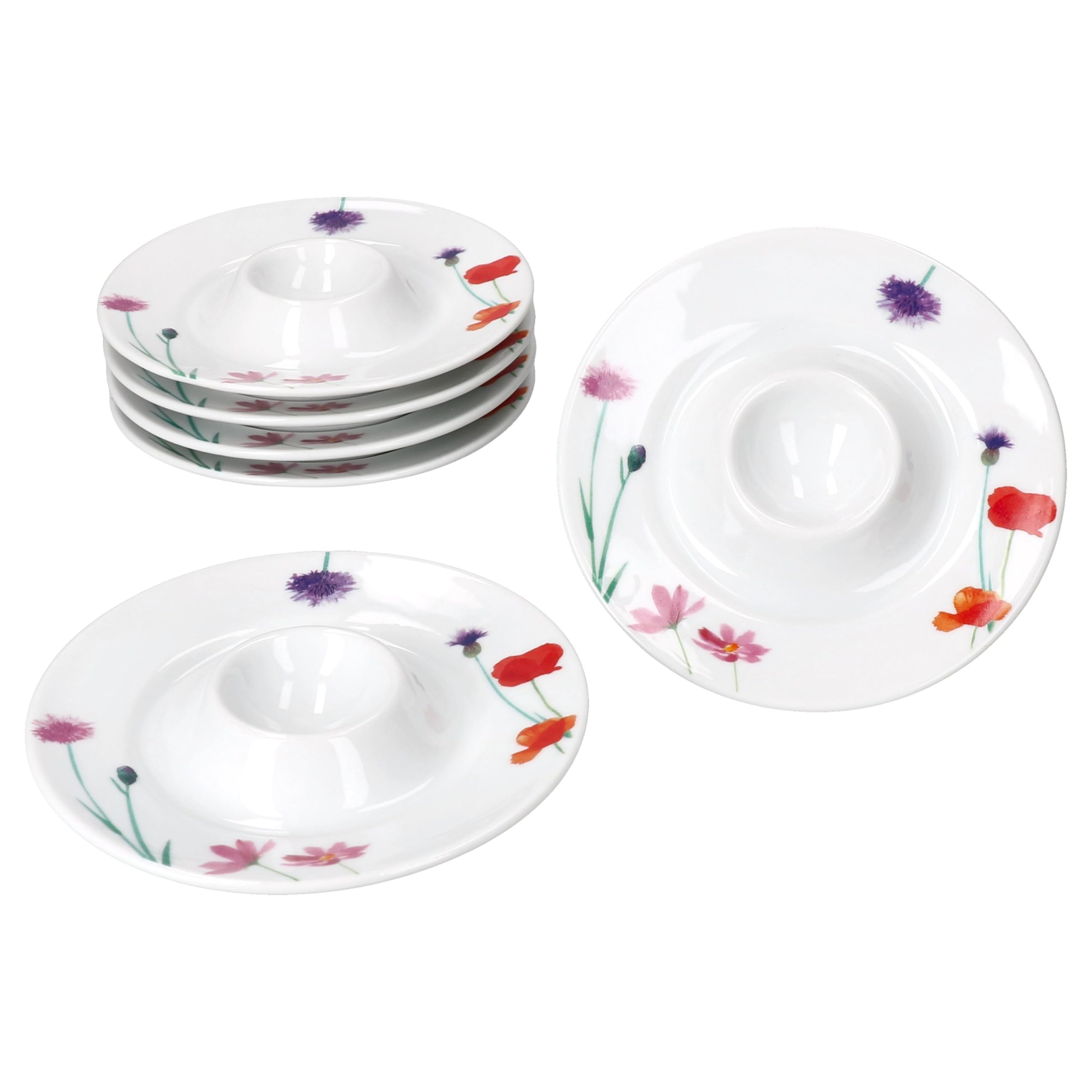 MamboCat Marie Lot de 6 coquetiers avec plateau I 6 personnes I Diamètre 13,2 cm I Coquetiers ronds en porcelaine avec décor prairie florale pour l'œuf du petit-déjeuner I Coquetiers plats pour brunch