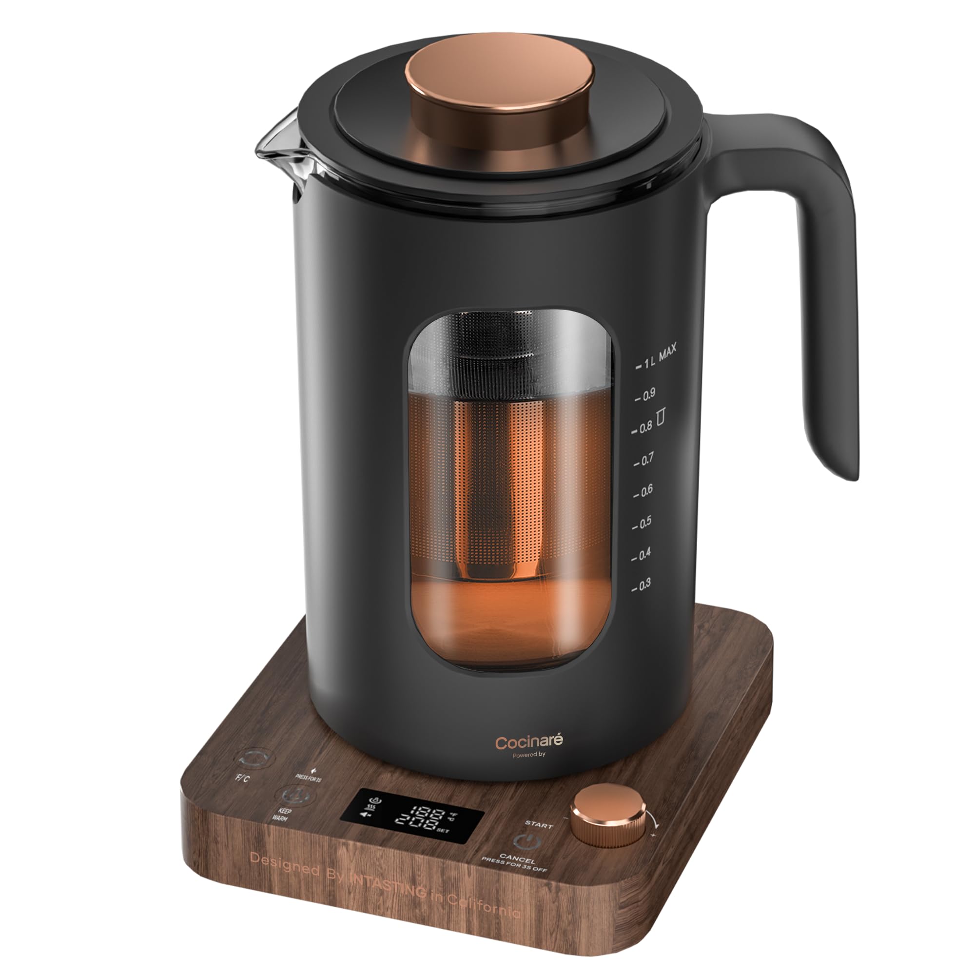 INTASTING Electric Kettle, Electric Tea Kettle with Infuser, 1 Liter | ±1℉ Temperature Control, 1200W Fast Heating, BPA-Free Glass, Easy to Clean, Keep-warm, Auto shut-off, Wood