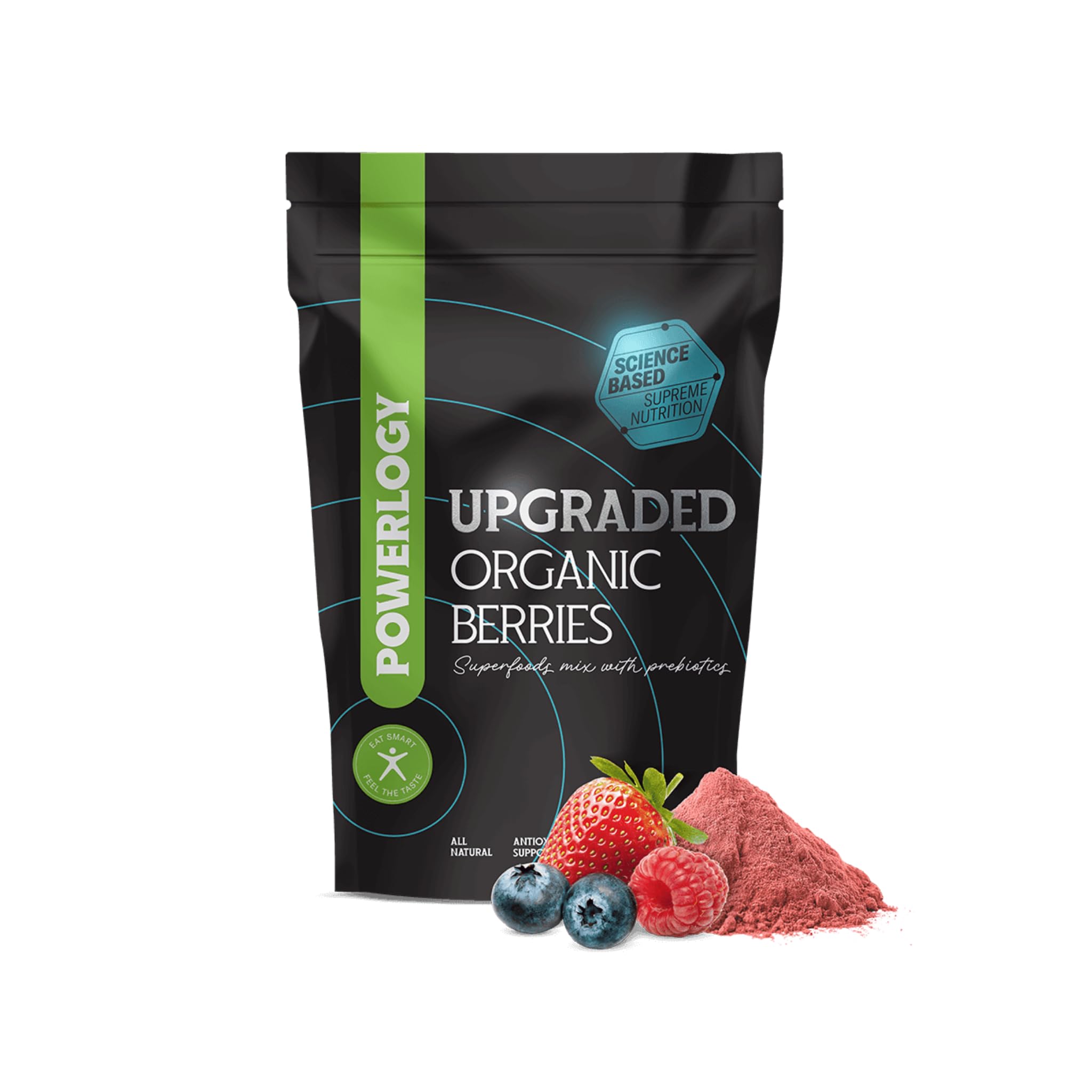 Powerlogy Upgraded Organic Berries | BIO Superfood Mix aus 5 Beeren, Präbiotische Ballaststoffe, Zuckerfrei, Reich an Polyphenolen & Vitamin C (250 g)