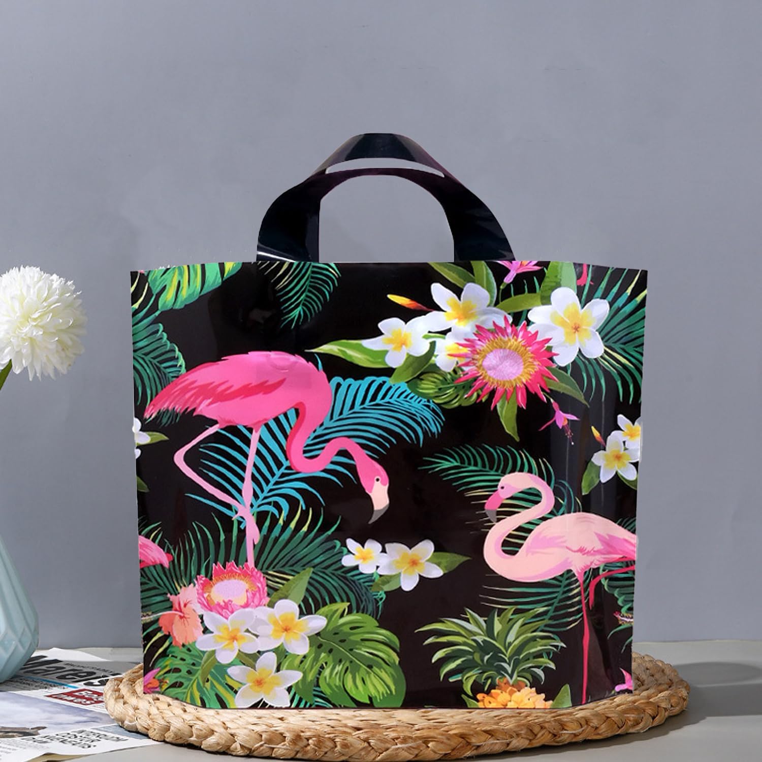 Joyhey 50 Count 9.8" x 11.8" Plastic Merchandise Bags, Shopping Retail Bags with Handles - Flamingo (More Patterns Available) image 2