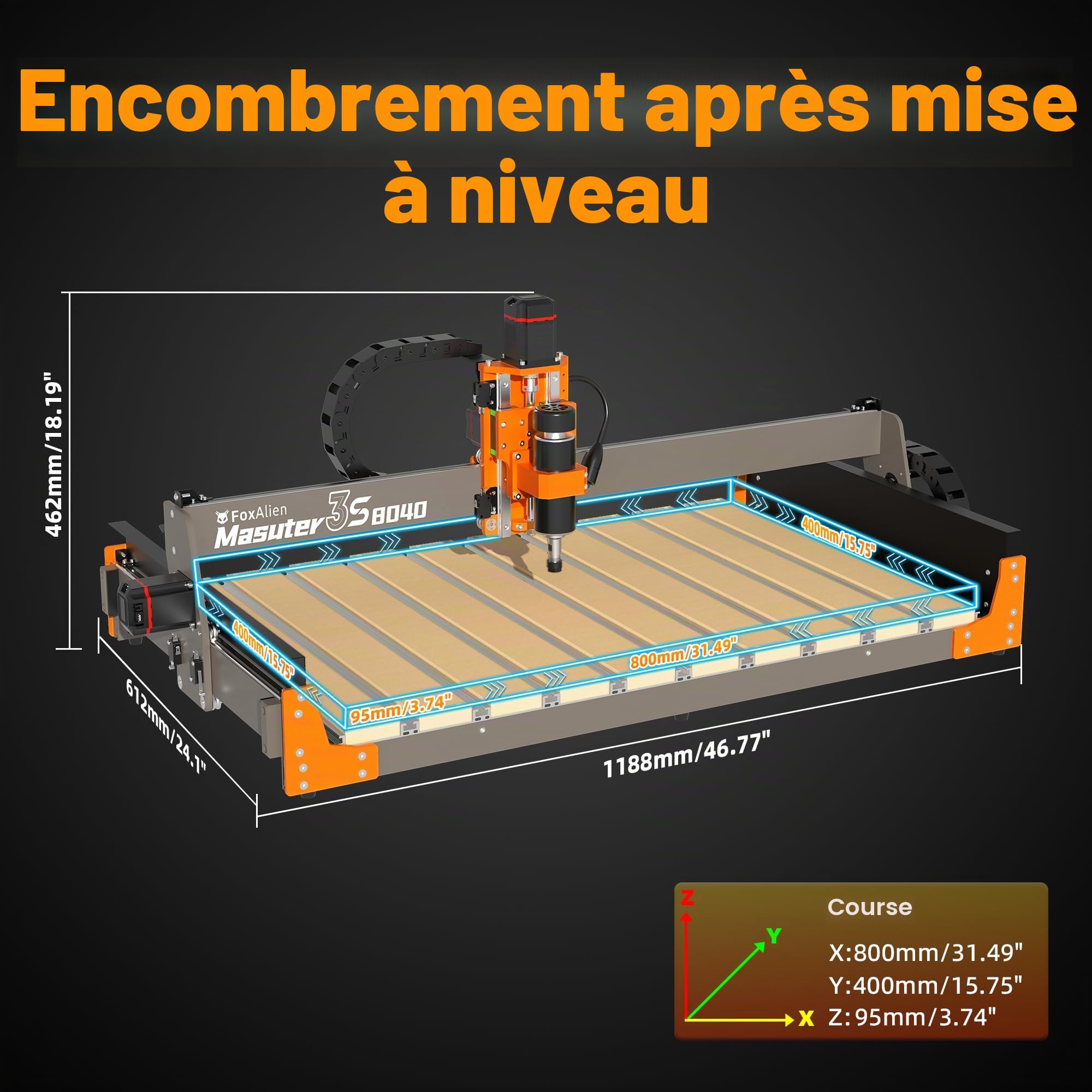 Kit d'extension d'axe X FoxAlien 3S 8040 avec plan de travail hybride à fente en T pour la machine de routeur CNC Masuter 3S, pour de grands projets de gravure et de sculpture (extension de l'axe X à