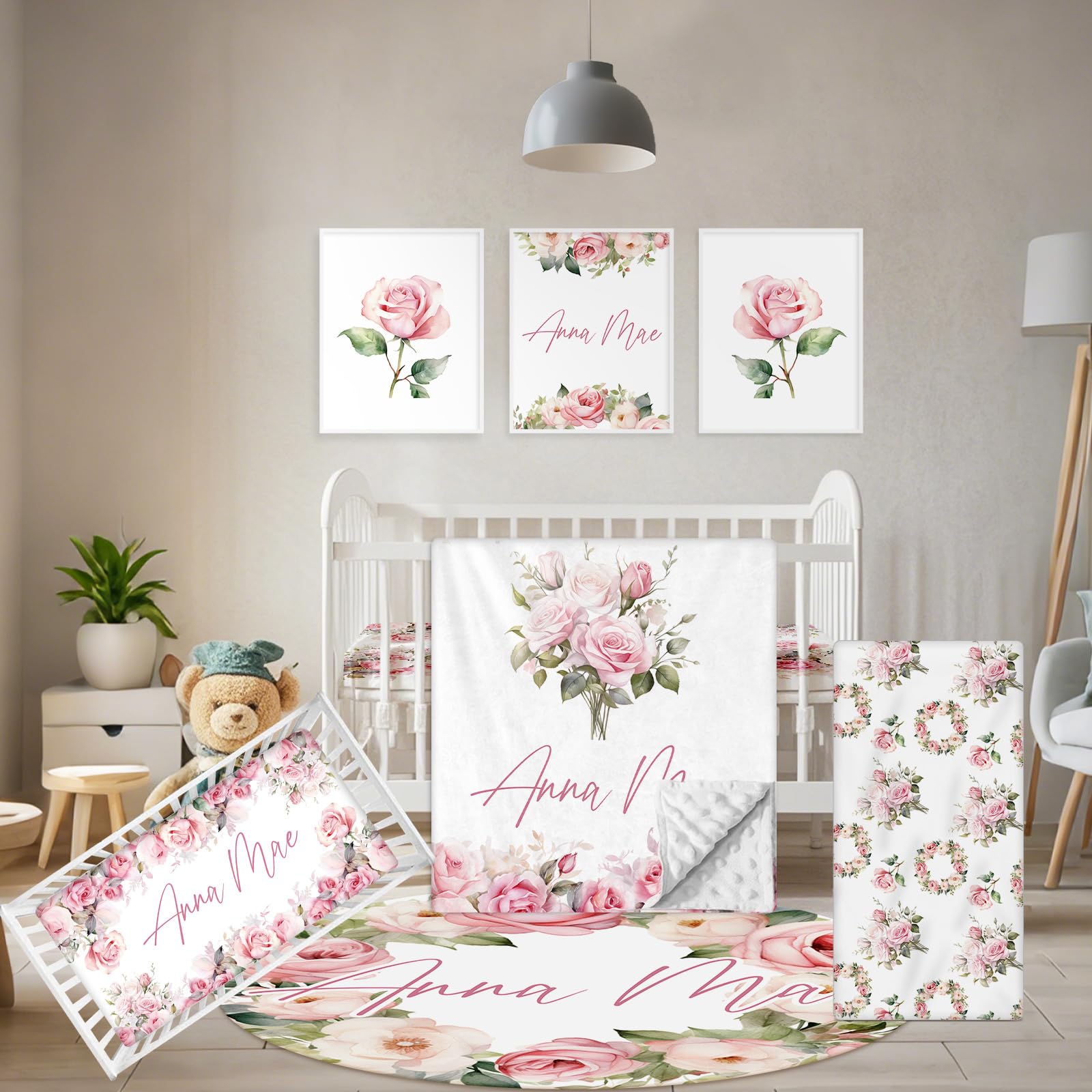 Custom Crib Bedding Set - 5 Pcs Personalized Name Pink Flowers Baby Crib Set for Infant Toddler Girl