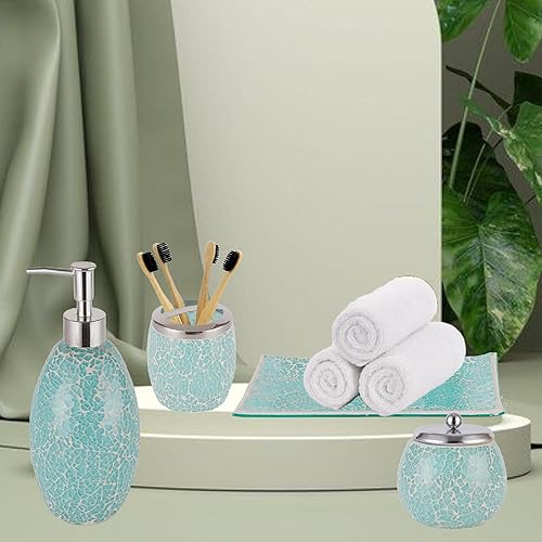 Miniatura 8 de Escenzy Elegante juego de accesorios de baño verdes de 4 piezas  Lujoso dispensador de jabón de vidrio, soporte para cepillo de dientes, tarro de