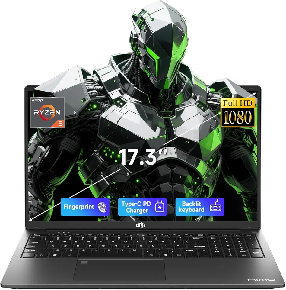 NIMO 17.3" IPS FHD-Gaming-Laptop, Ryzen 5 6600H 32GB DDR5 RAM 1TB SSD (Beat i7-1165G7 Up to 4.5GHz) Radeon 660M GPU-Computer with 100W Type-C Charger Backlit Keyboard Fingerprint