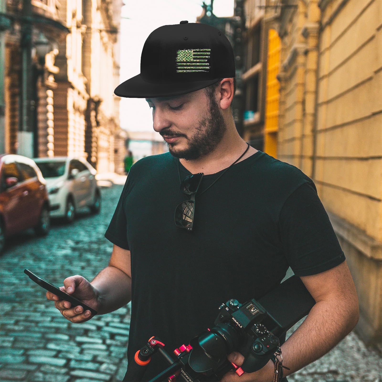 Gorras de béisbol negras con diseño de calavera para hombre, gorra de béisbol de ala plana ajustada, gorra de hip hop, Bandera estadounidense, Mediana 7
