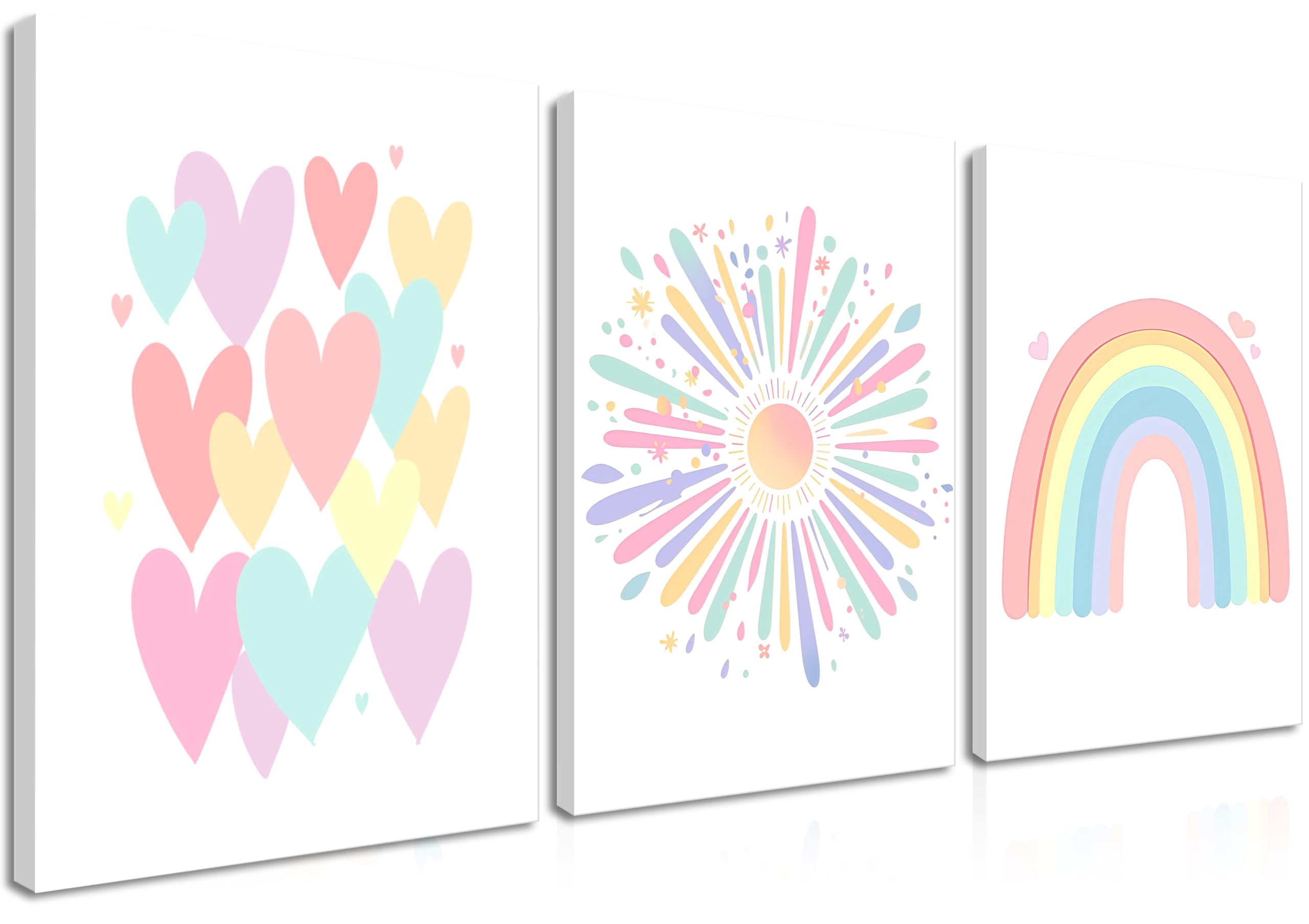 Juego de 3 lienzos con marco de arcoíris para niñas, decoración de pared para guardería, diseño de sol bohemio colorido, cuadros de corazón para niños, impresiones para aula, habitación infantil, habitación de bebé, dormitorio, decoración de dormitorio, 30 x 40 cm