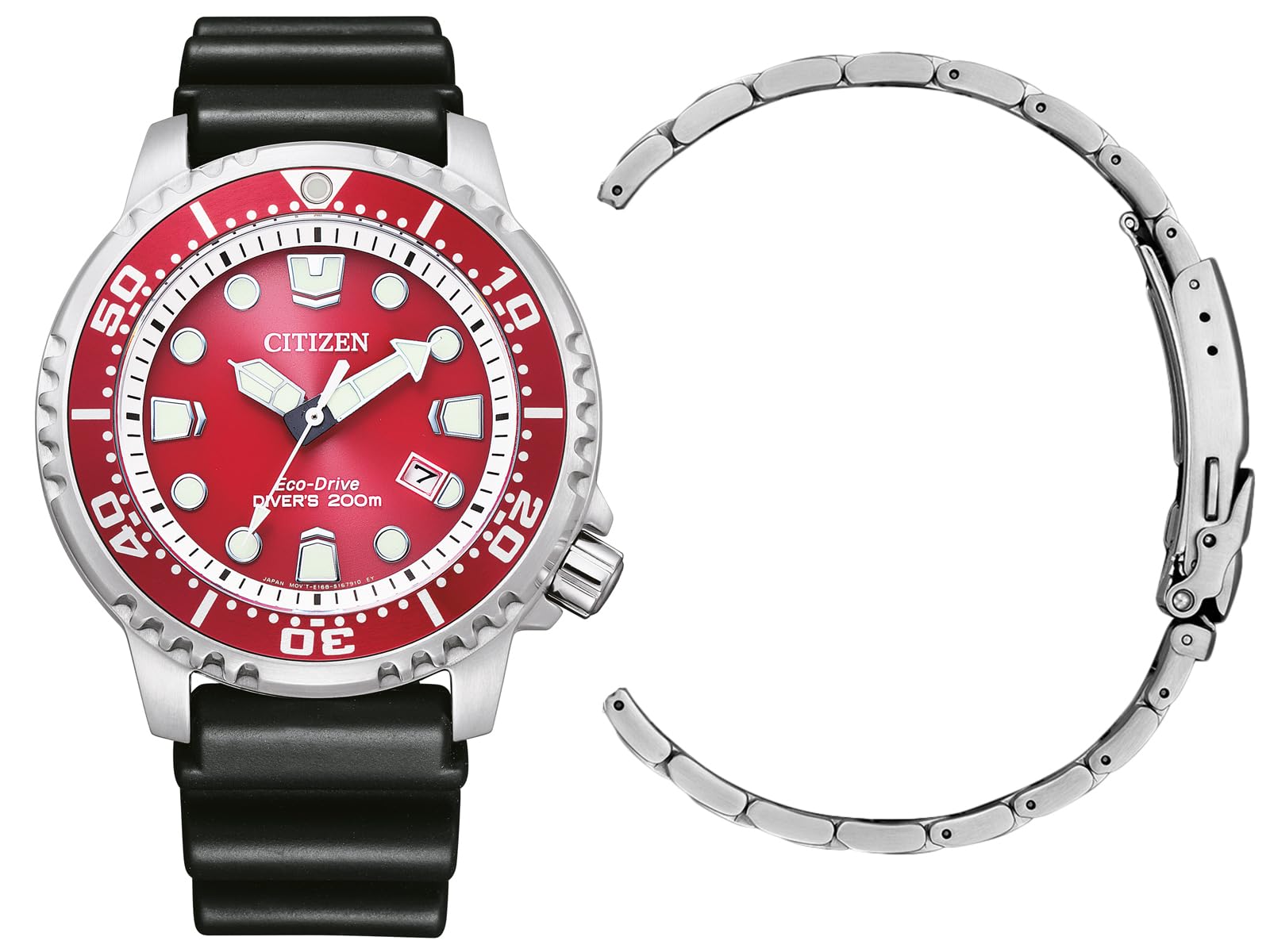 Citizen Men's Eco-Drive Solar Promaster Watch with Stainless Steel Link Strap and Rubber Band BN0159-15XM Set