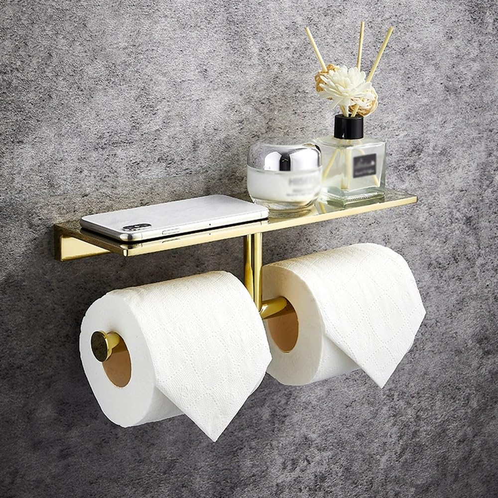 Portarotolo Doppio for Carta igienica con ripiano, portarotolo da Parete for Bagno, Dispenser for Carta igienica Commerciale in Ottone con ripiano for Telefono(White,30cm)