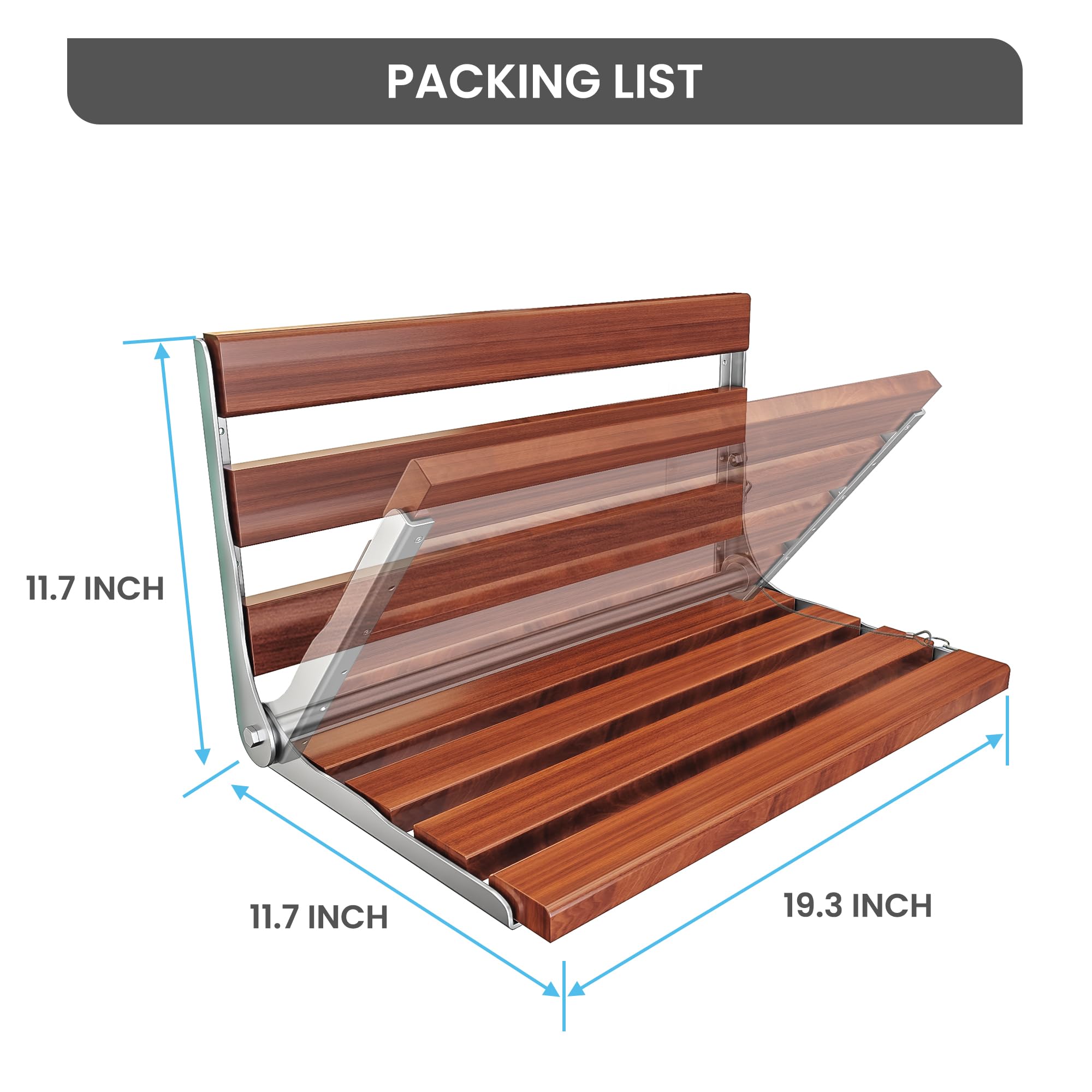 Asiento de ducha plegable de teca para ancianos, silla de ducha plegable montada en la pared con marco de acero inoxidable 304 resistente, asiento de seguridad de baño compatible con ADA