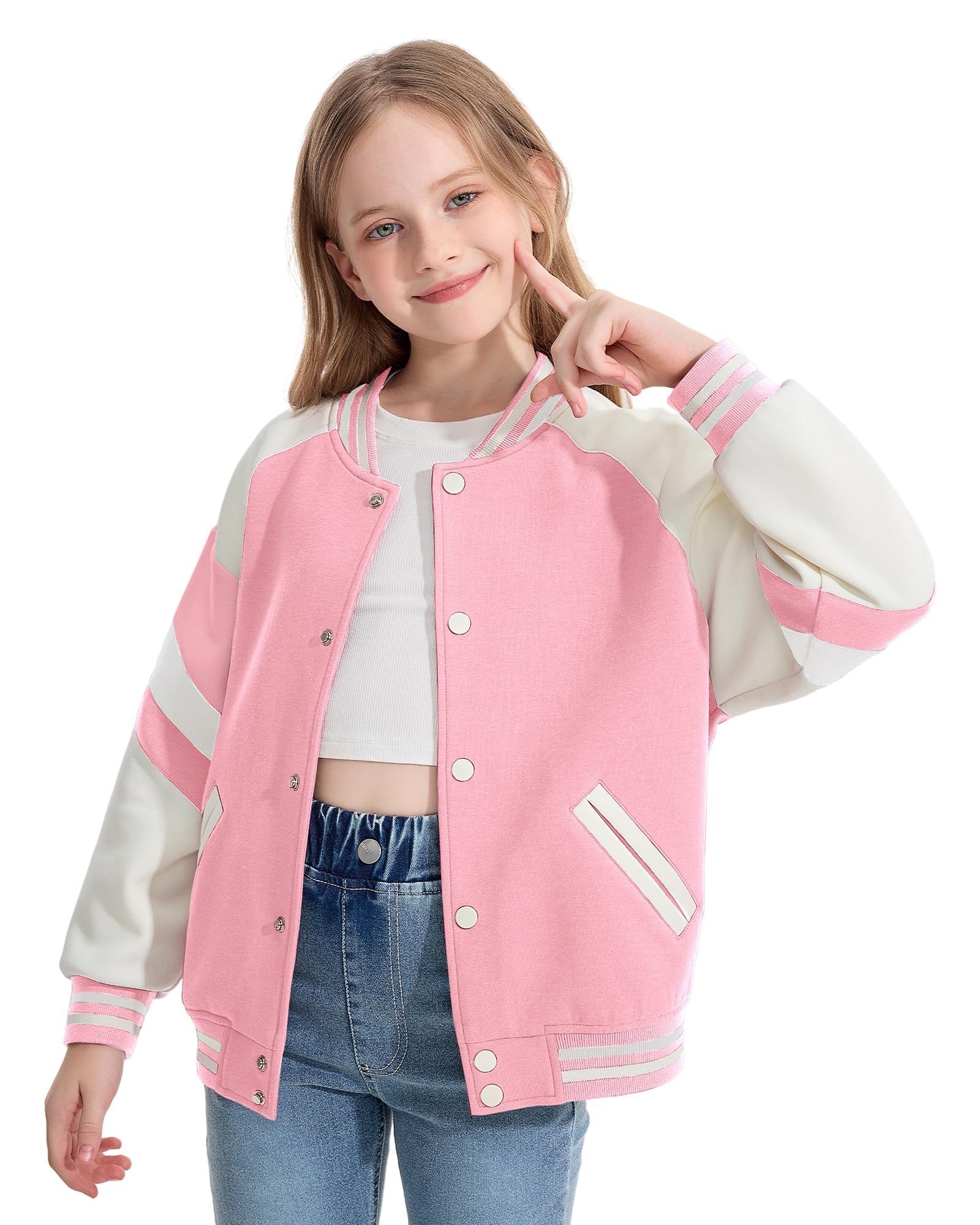 Rolanko Mädchen Baseball Jacke Jungen im Varsity-Stil, Sweatjacke mit Taschen für die Schule, Bomber mantel für Kinder